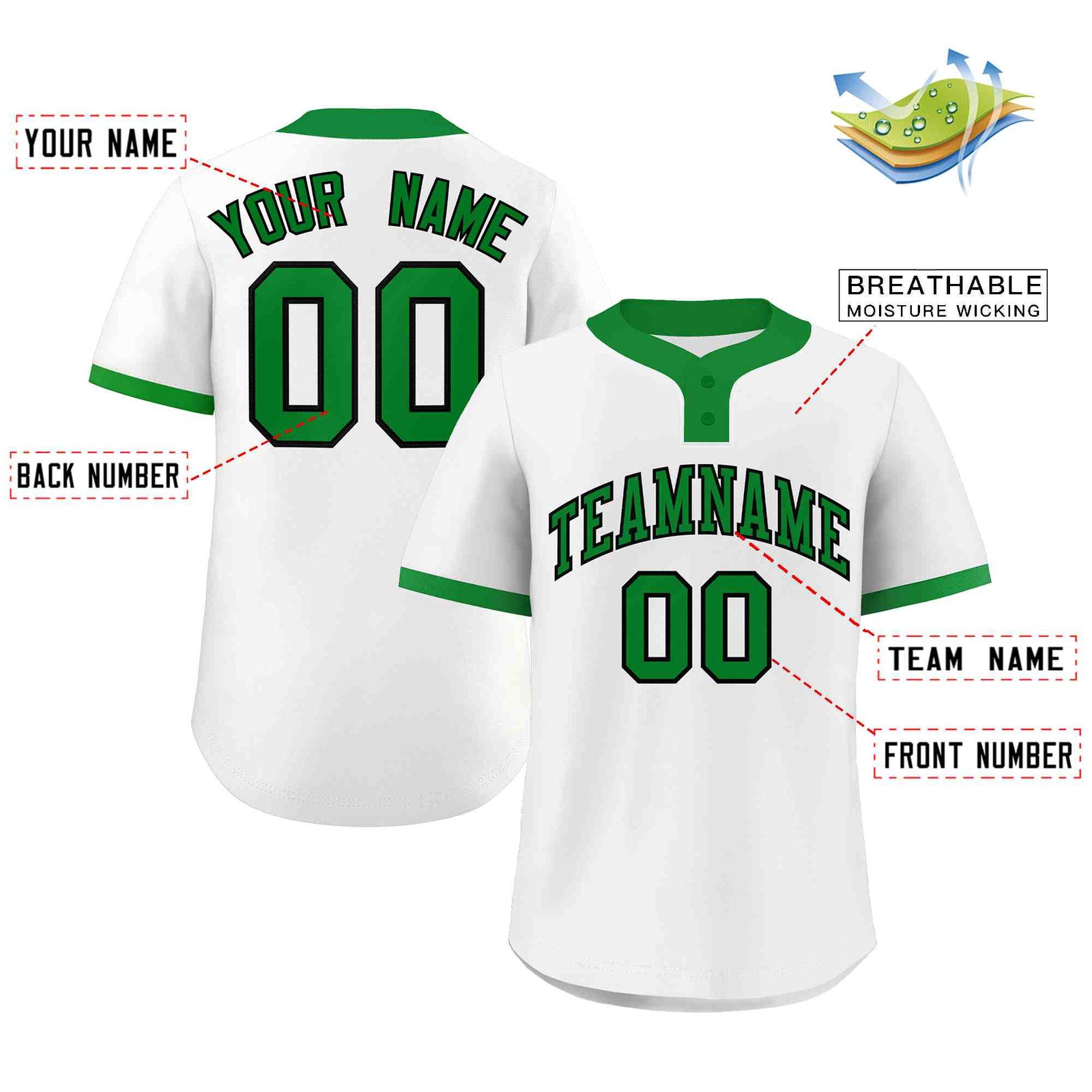 Custom White Kelly Green-Black Classic Style Authentic Two-Button Softball Jersey