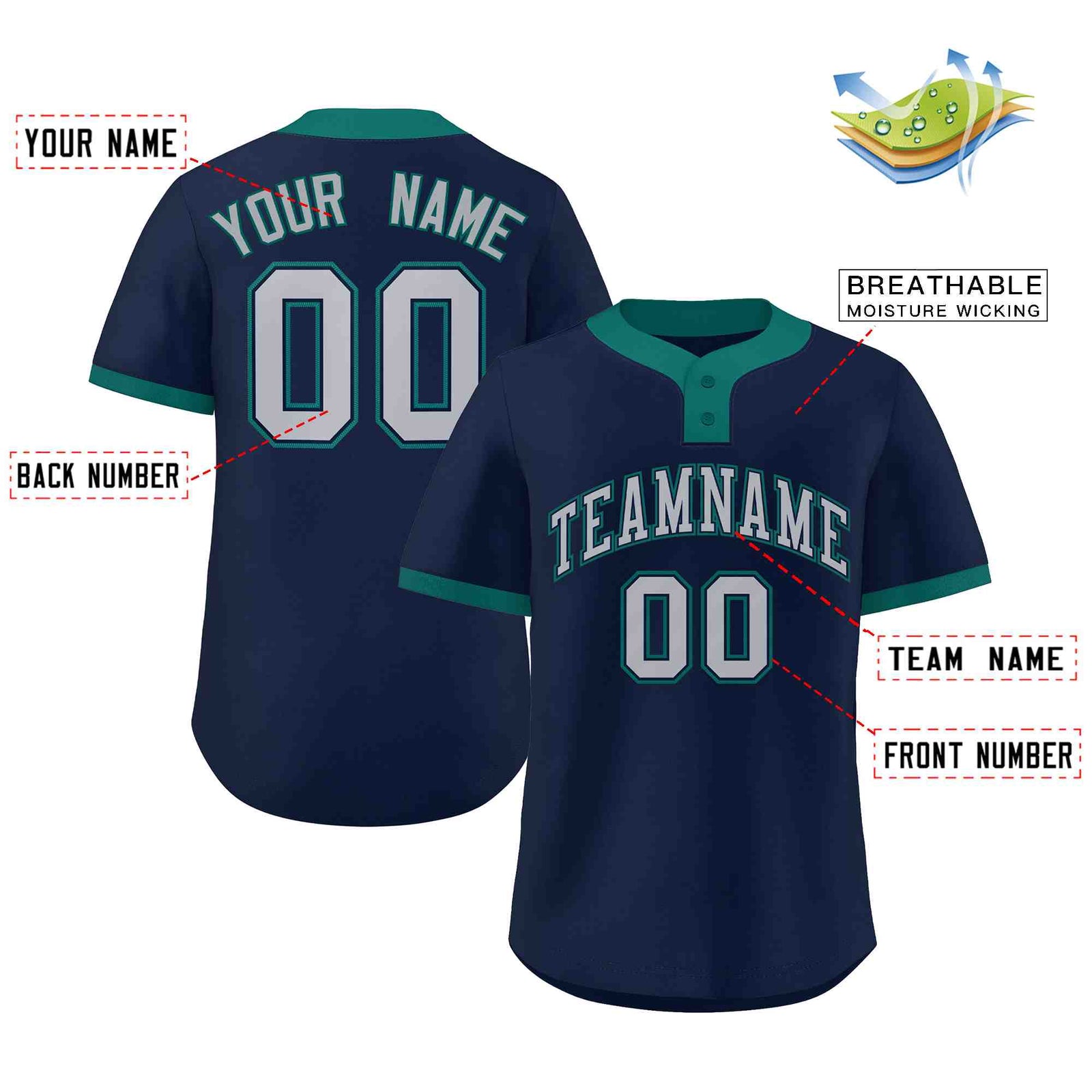 Custom Navy Gray-Aqua Classic Style Authentic Two-Button Softball Jersey