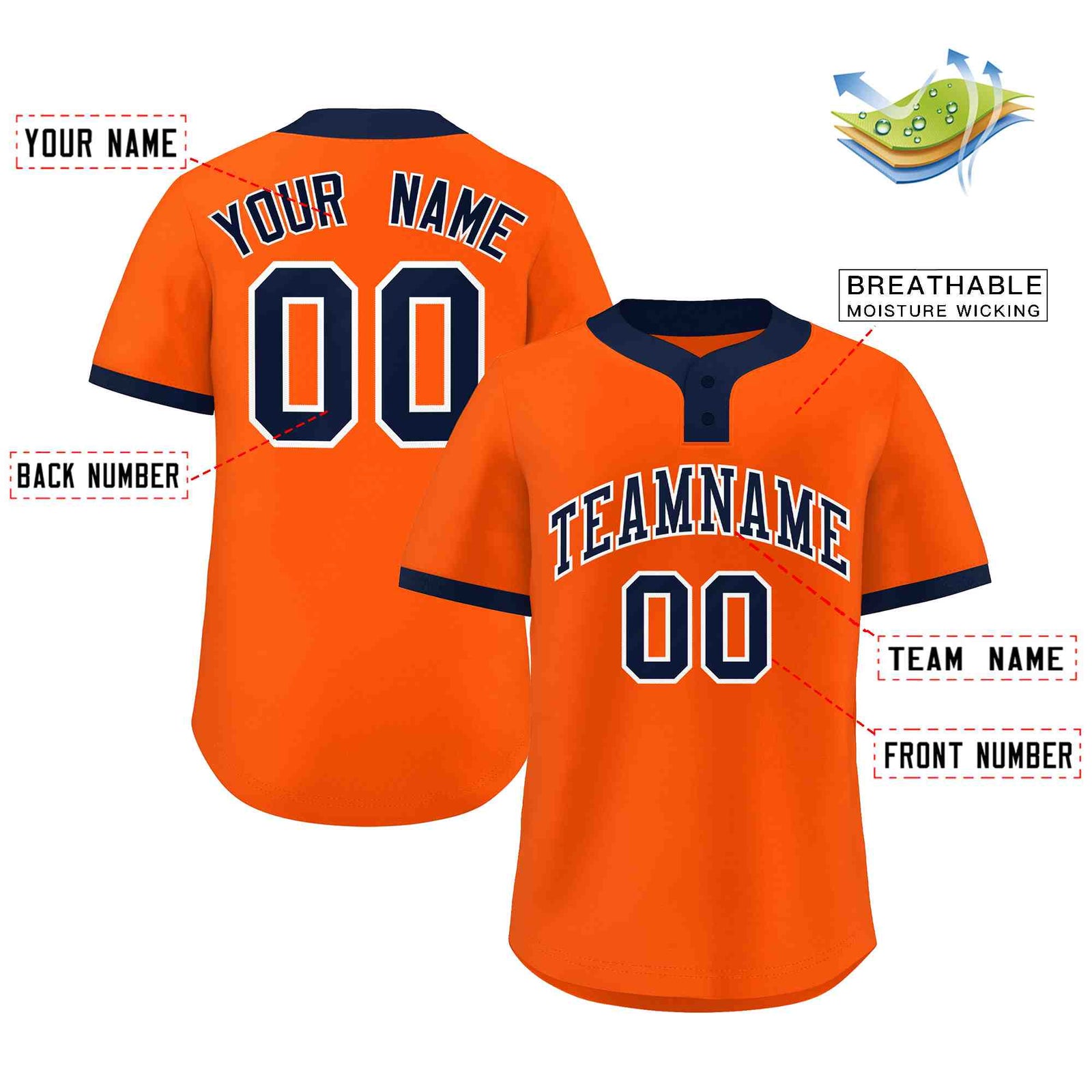 Custom Orange Navy-White Classic Style Authentic Two-Button Softball Jersey