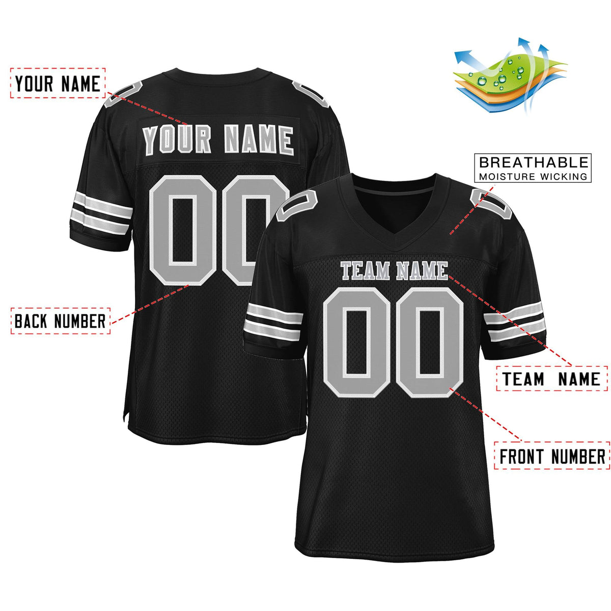 Custom Black Gray-White Classic Style Mesh Authentic Football Jersey
