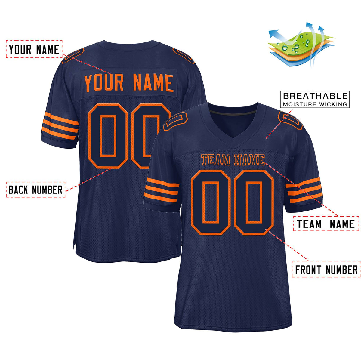 Custom Navy Blue Navy-Orange Classic Style Mesh Authentic Football Jersey