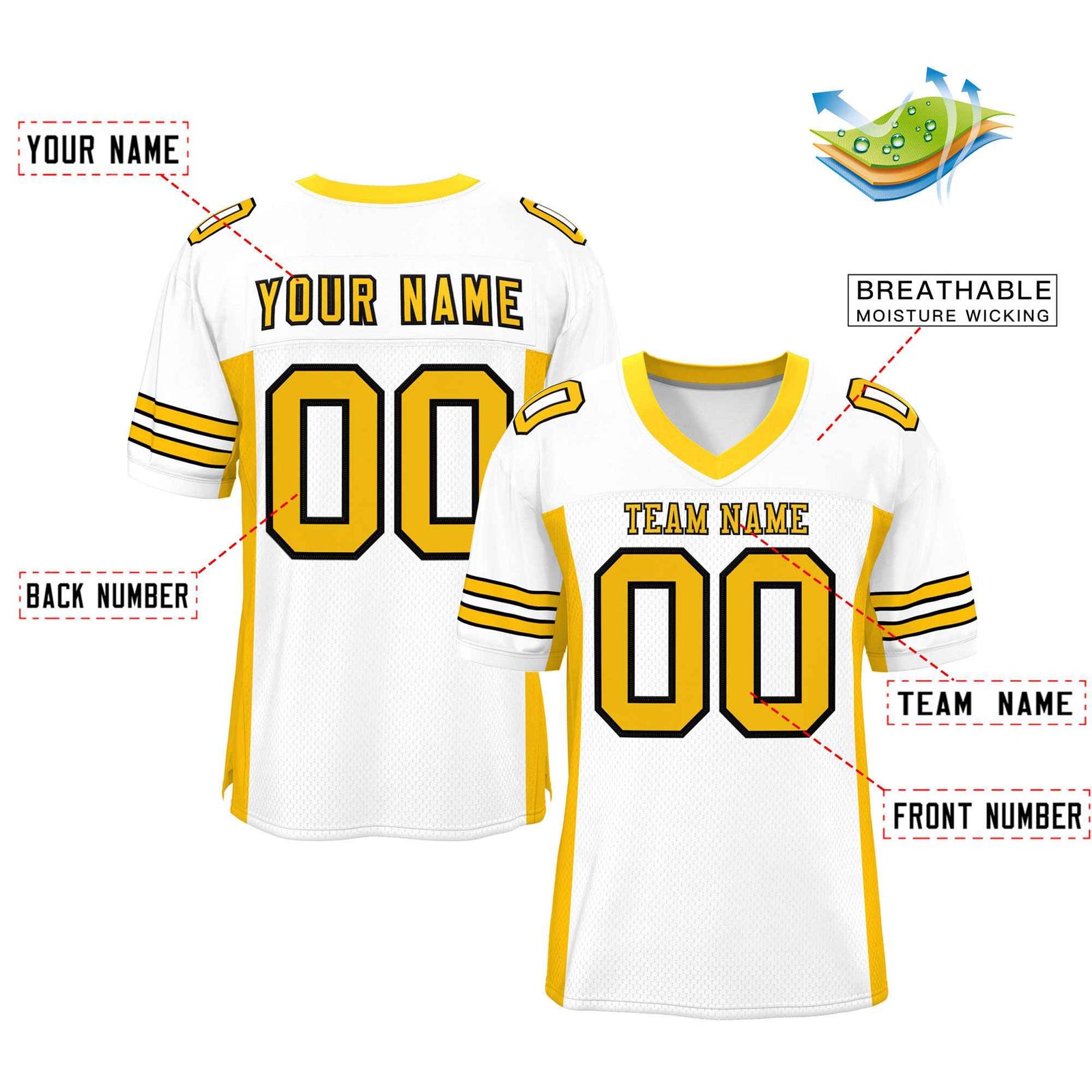 Custom White Yellow Insert Color Design Mesh Authentic Football Jersey