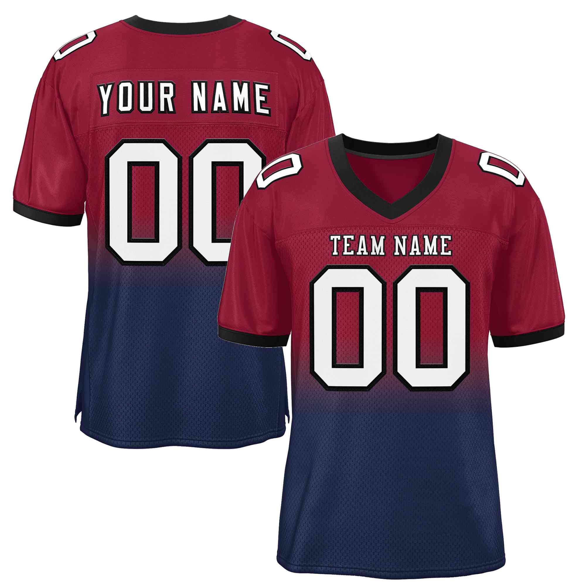 Front and back view of a custom maroon-to-navy gradient football jersey with 'TEAM NAME', 'YOUR NAME' and number '00' placeholders