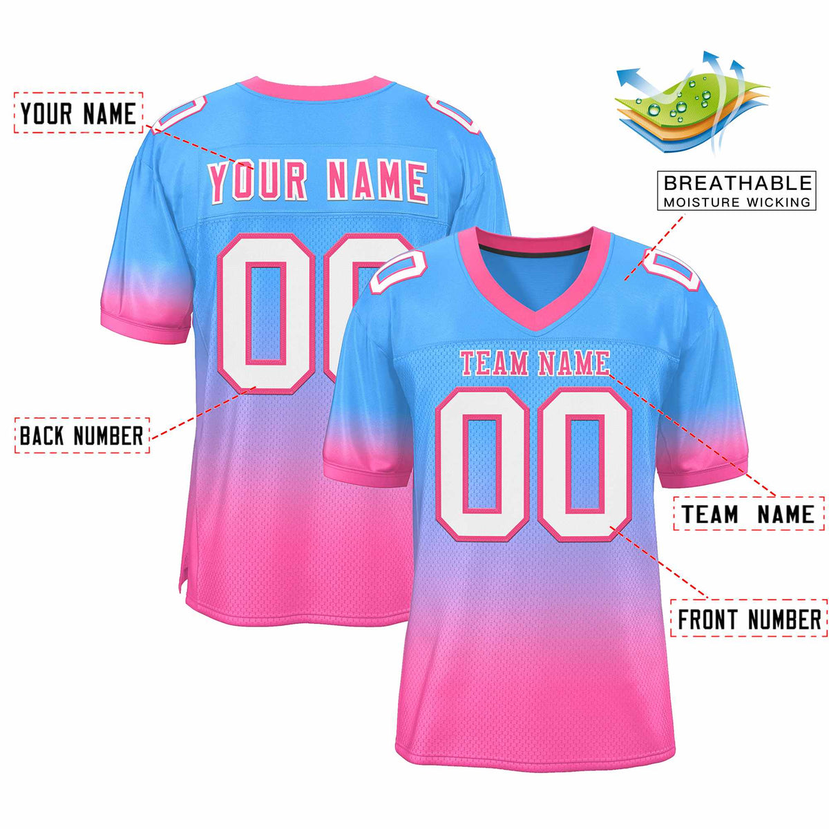 Custom Powder Blue Pink-White Gradient Fashion Personalized Team Football Jersey