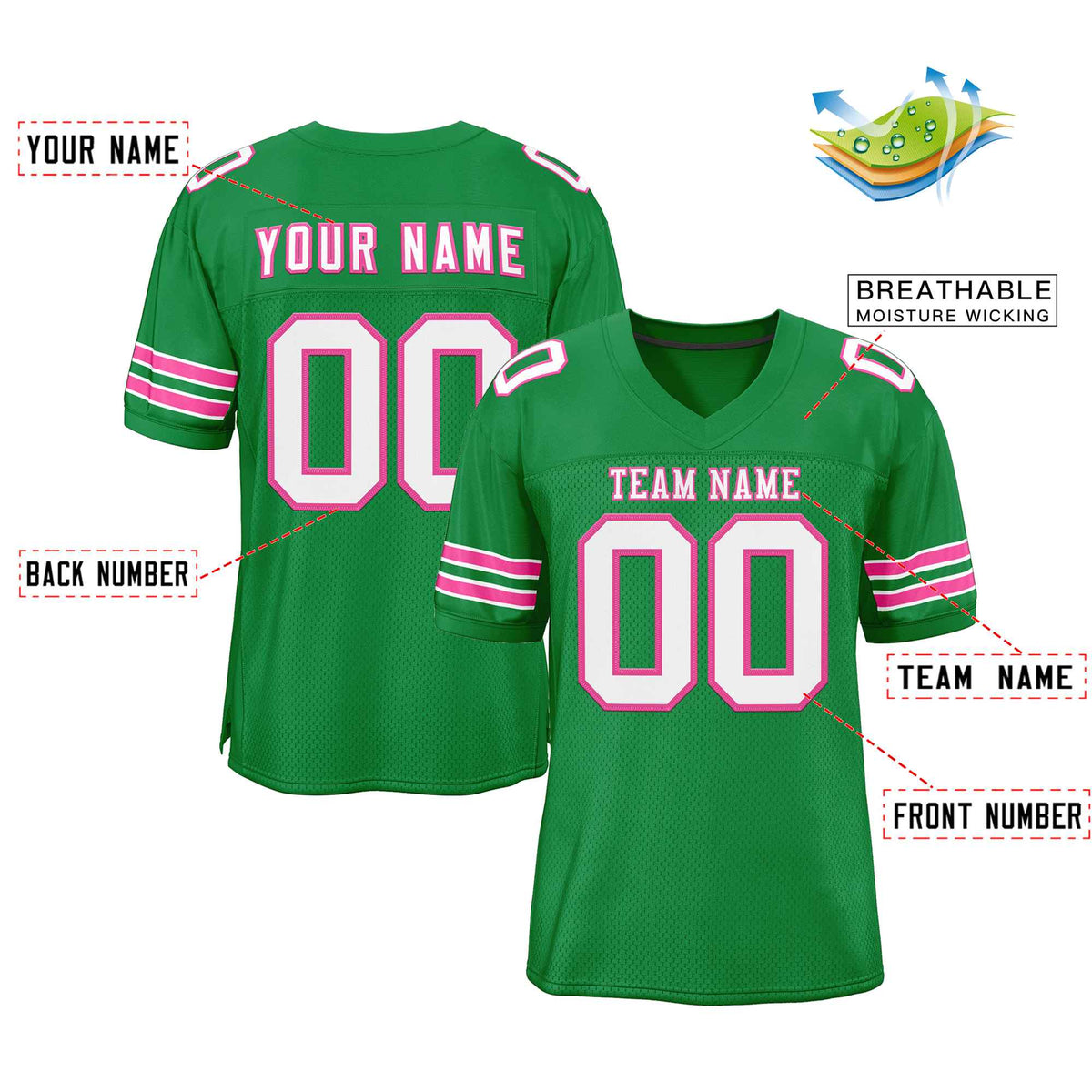 Custom Kelly Green White-Pink Classic Style Authentic Football Jersey