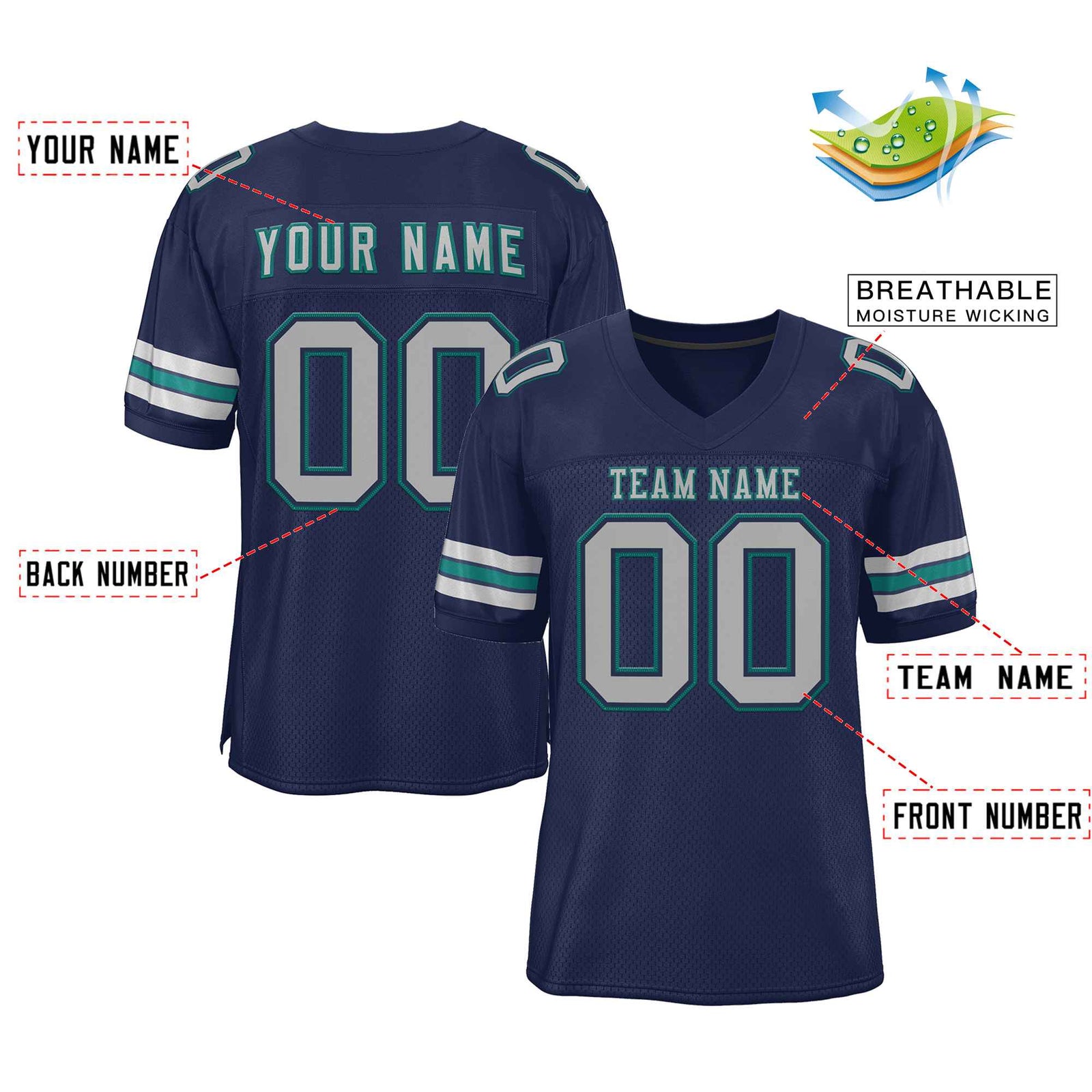 Custom Navy Gray-Aqua Classic Style Authentic Football Jersey