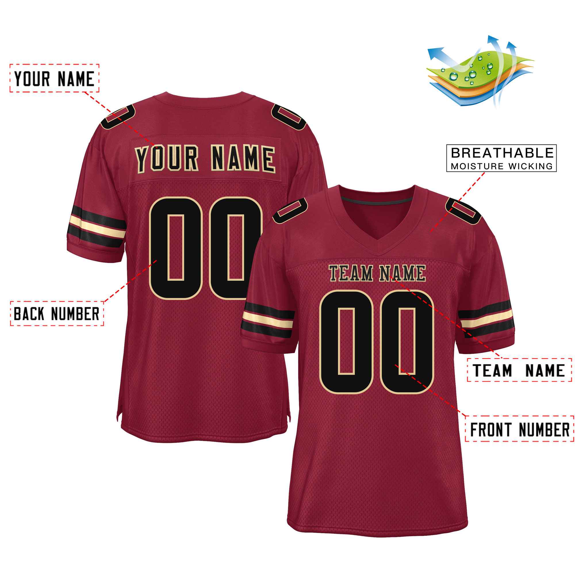 Custom Burgundy Black-Khaki Classic Style Mesh Authentic Football Jersey