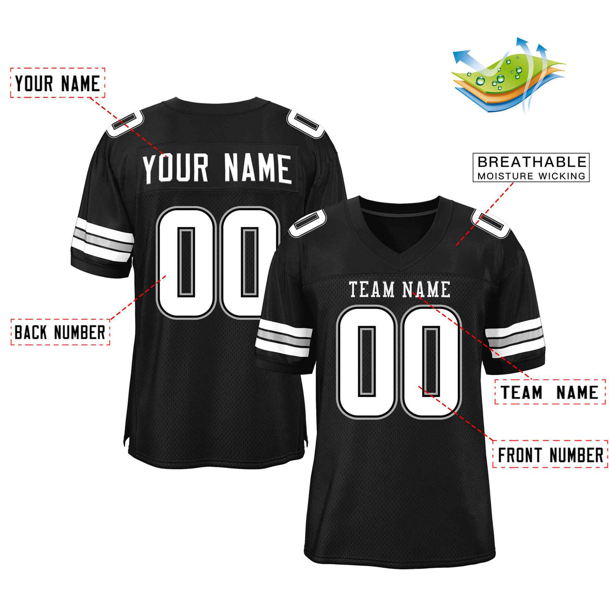 Custom Black White-Gray Classic Style Mesh Authentic Football Jersey