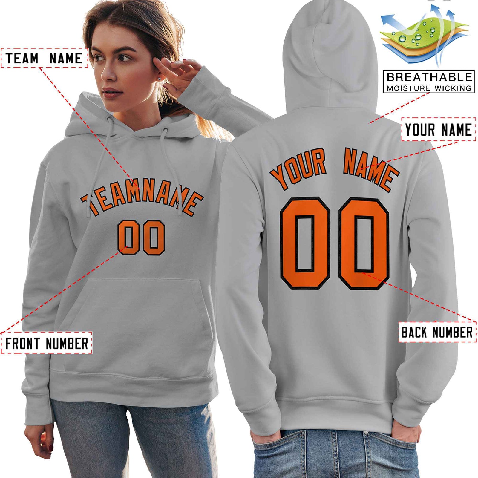 Custom Gray Orange-Black Classic Style Personalized Sport Pullover Hoodie