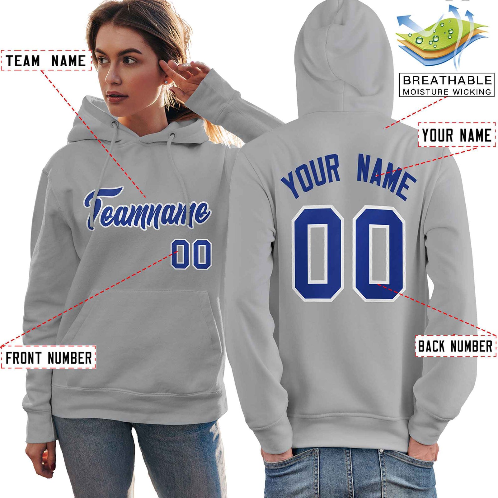 Custom Gray Royal-White Classic Style Personalized Sport Pullover Hoodie