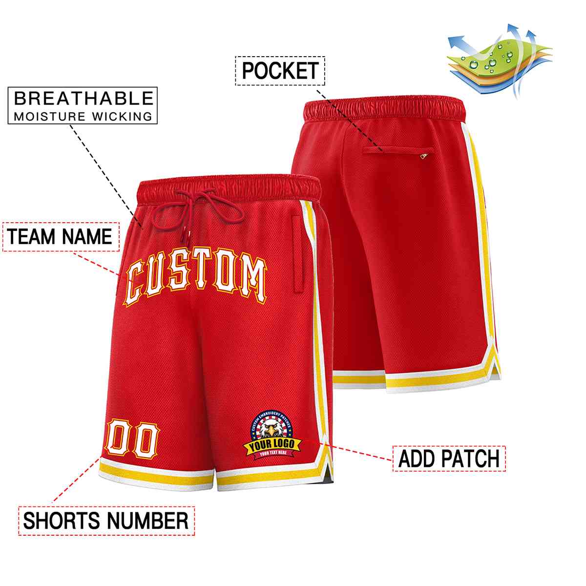 Custom Red White-Gold Classic Style Basketball Mesh Shorts