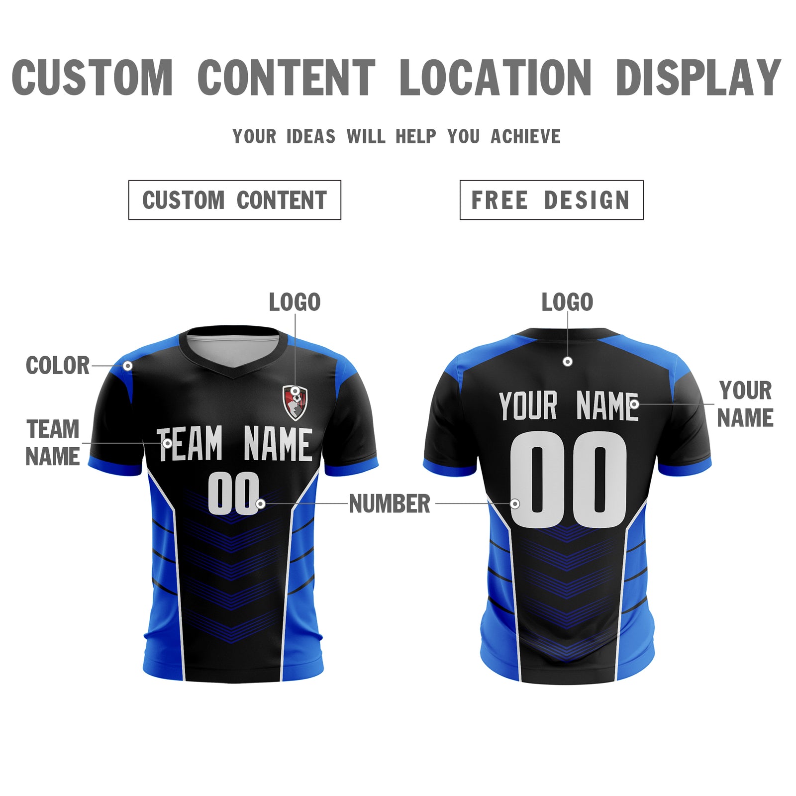 Custom Black Blue-White Sport Soccer Tops Jersey