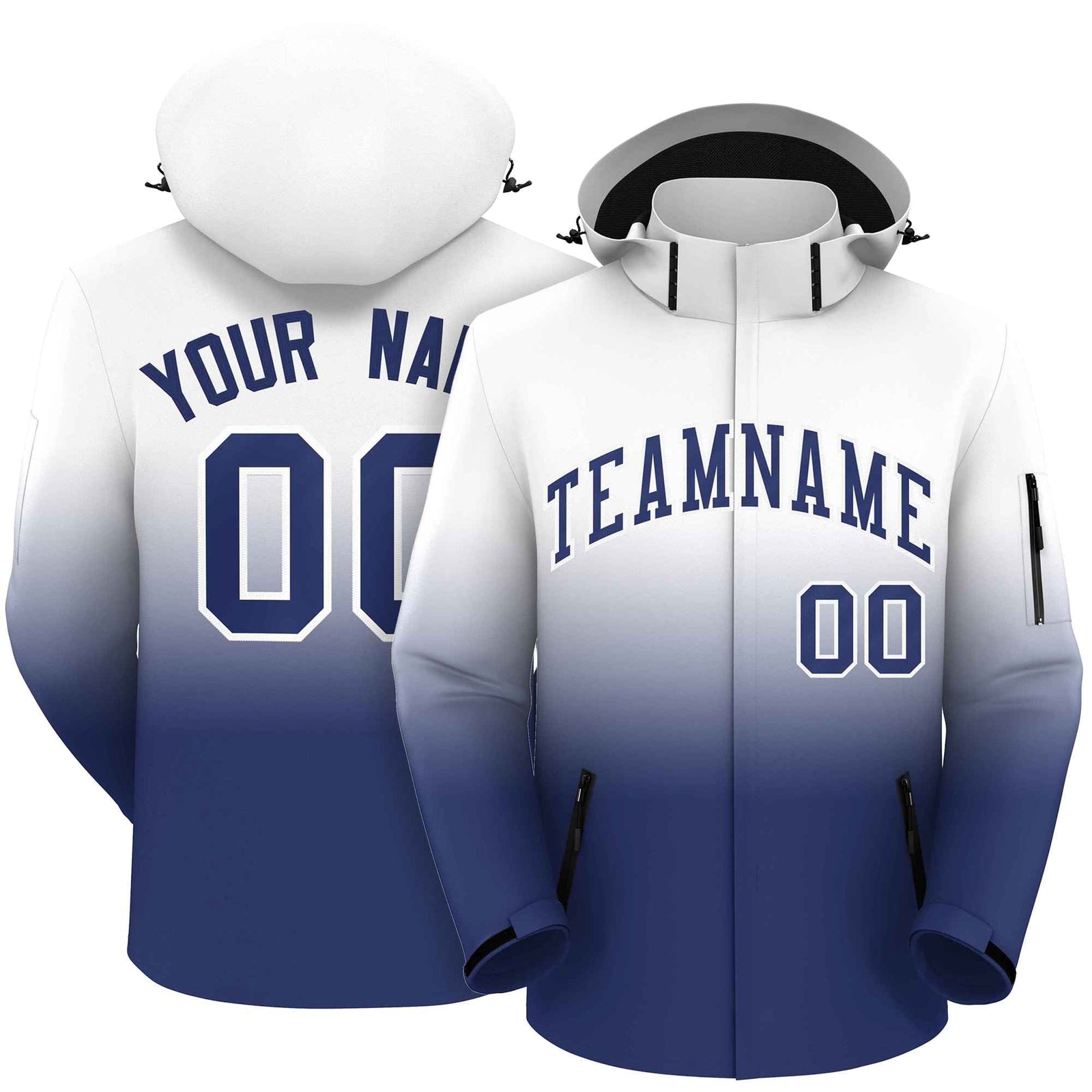 Custom White Blue Gradient Fashion Outdoor Hooded Waterproof Jacket