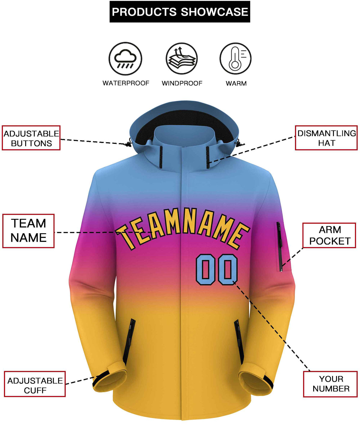 Custom Light Blue Pink-Yellow Gradient Fashion Outdoor Hooded Waterproof Jacket