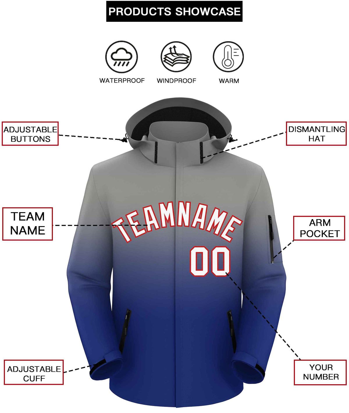 Custom Gray Royal Gradient Fashion Outdoor Hooded Waterproof Jacket