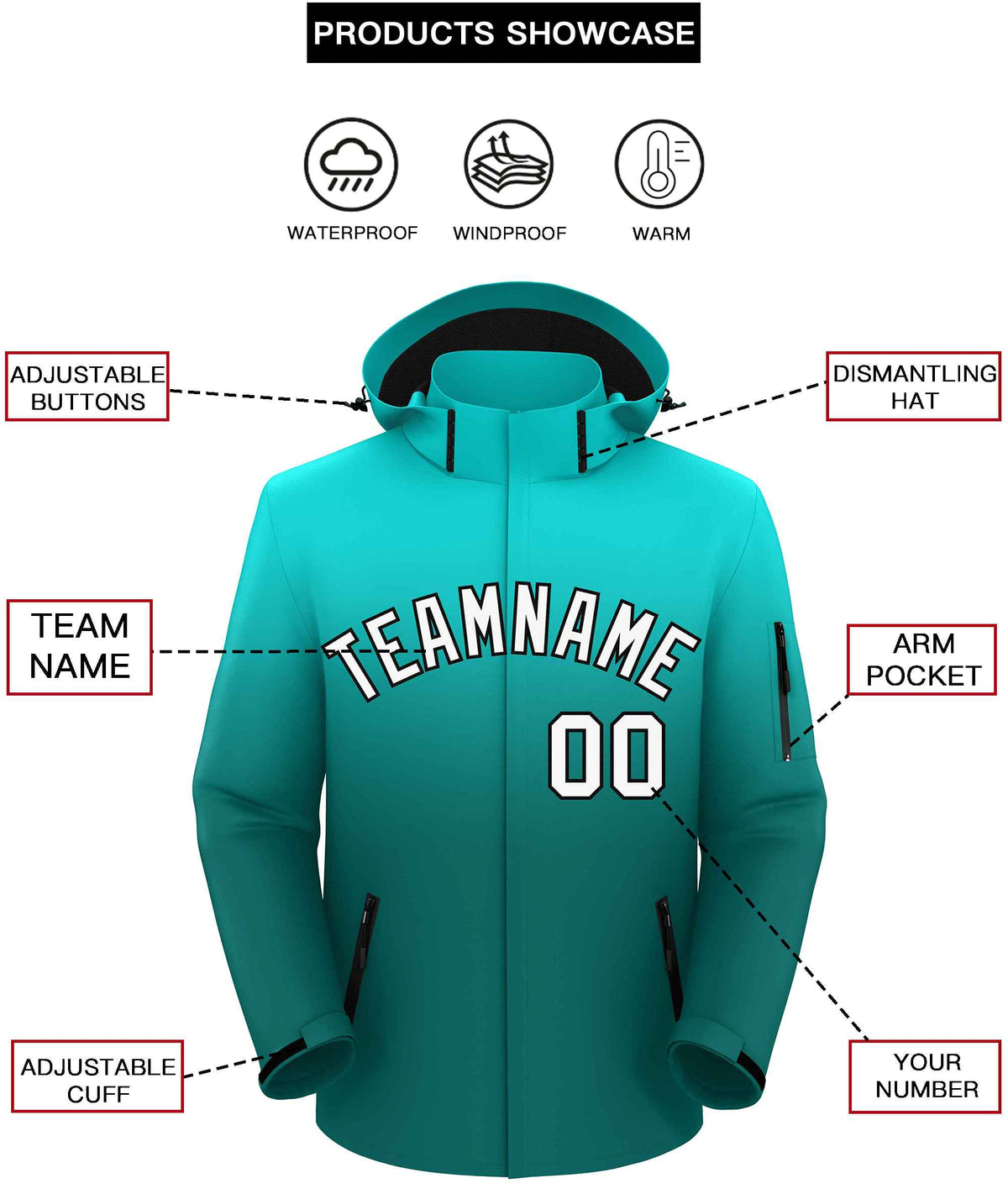 Custom Light Green Aqua Gradient Fashion Outdoor Hooded Waterproof Jacket