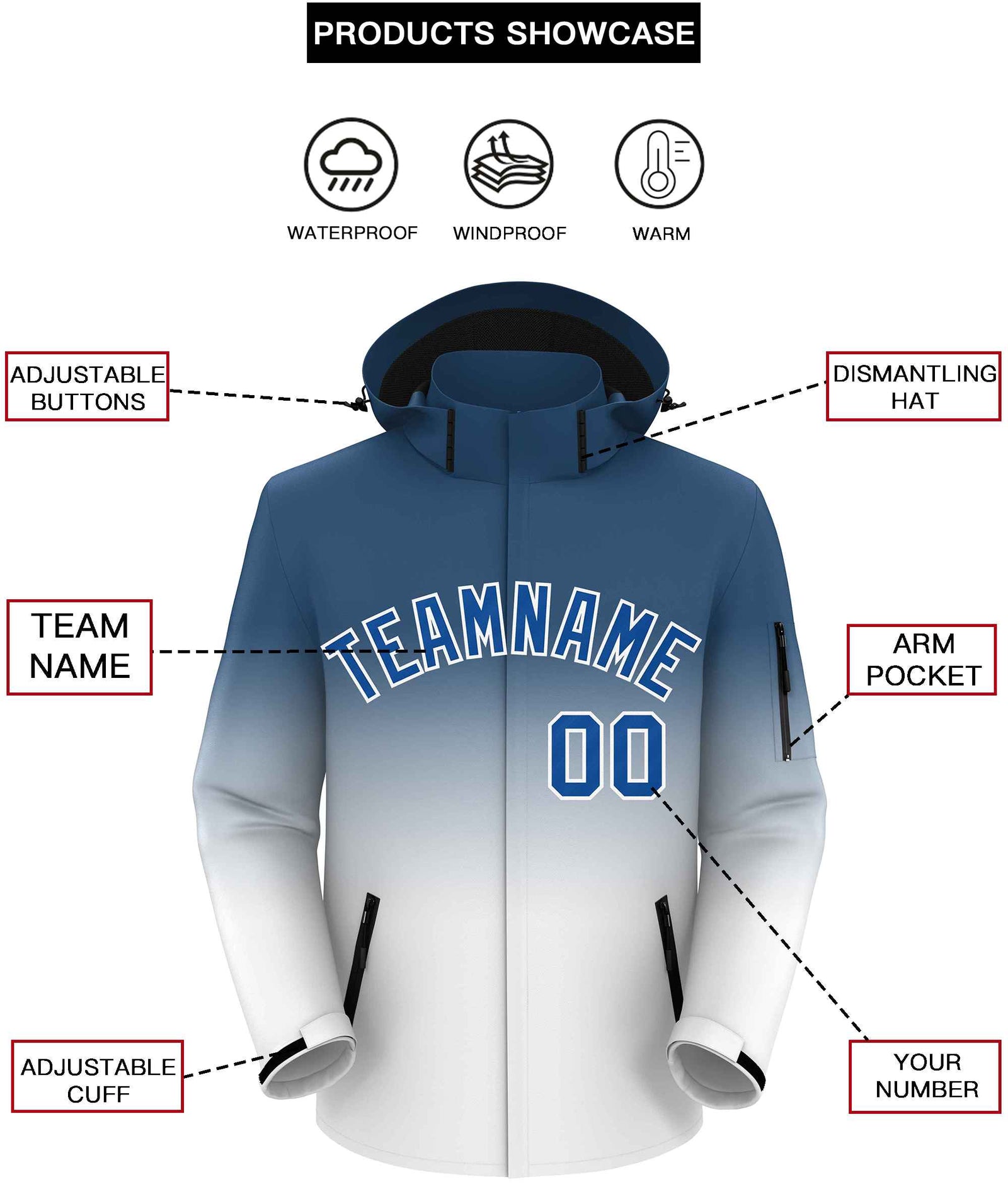 Custom Blue White Gradient Fashion Outdoor Hooded Waterproof Jacket