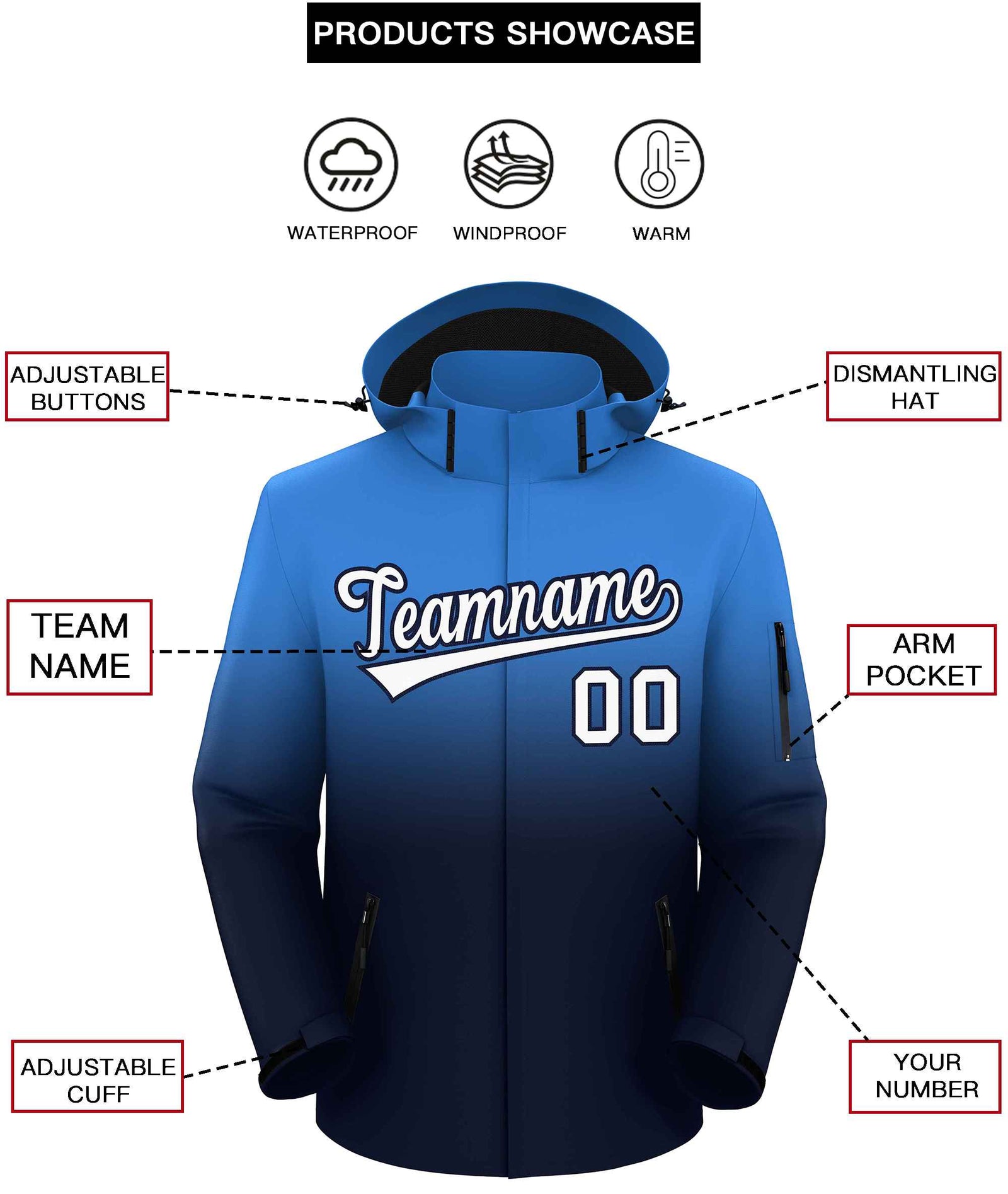Custom Powder Blue Navy Gradient Fashion Outdoor Hooded Waterproof Jacket