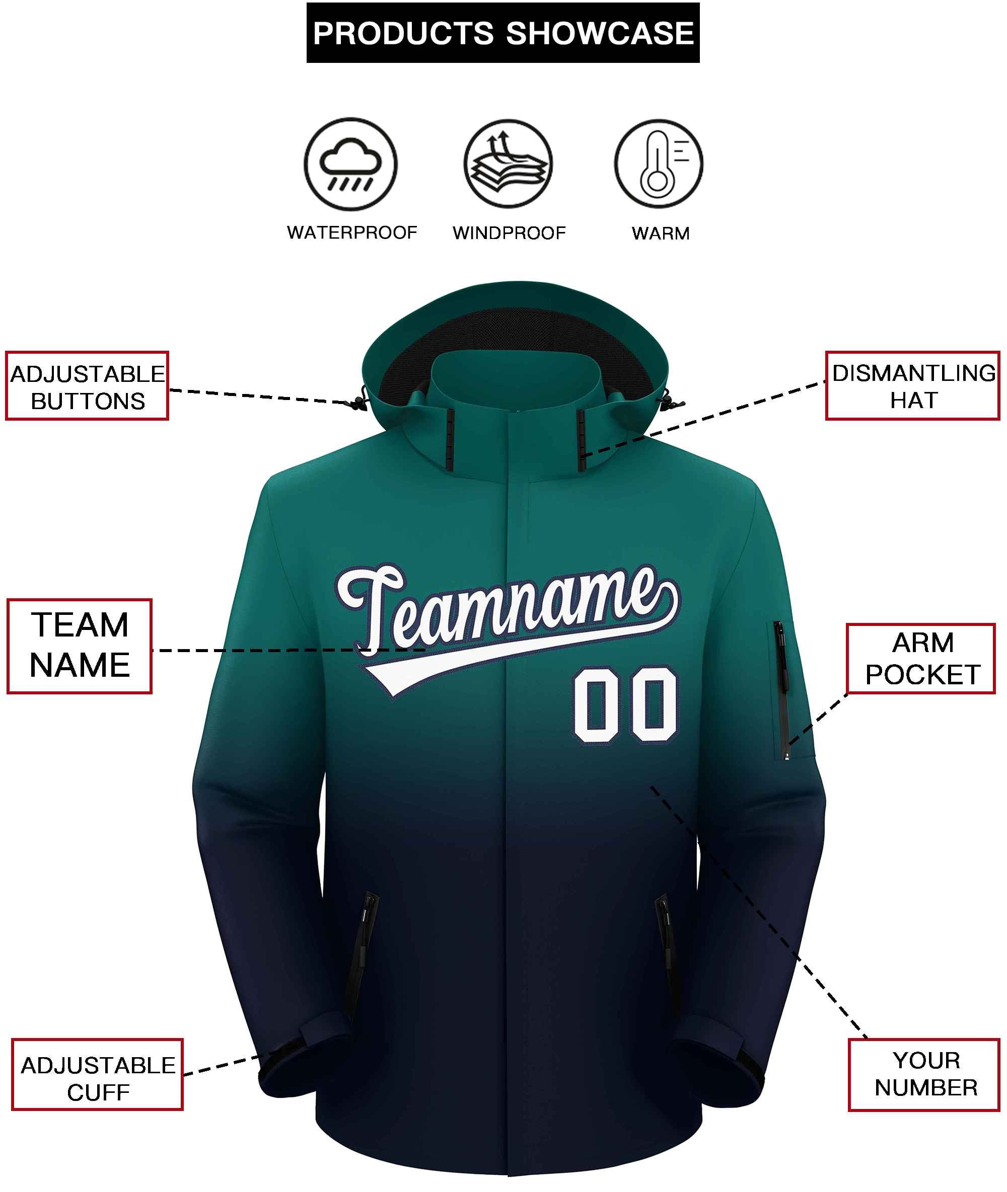 Custom Aqua Navy Gradient Fashion Outdoor Hooded Waterproof Jacket