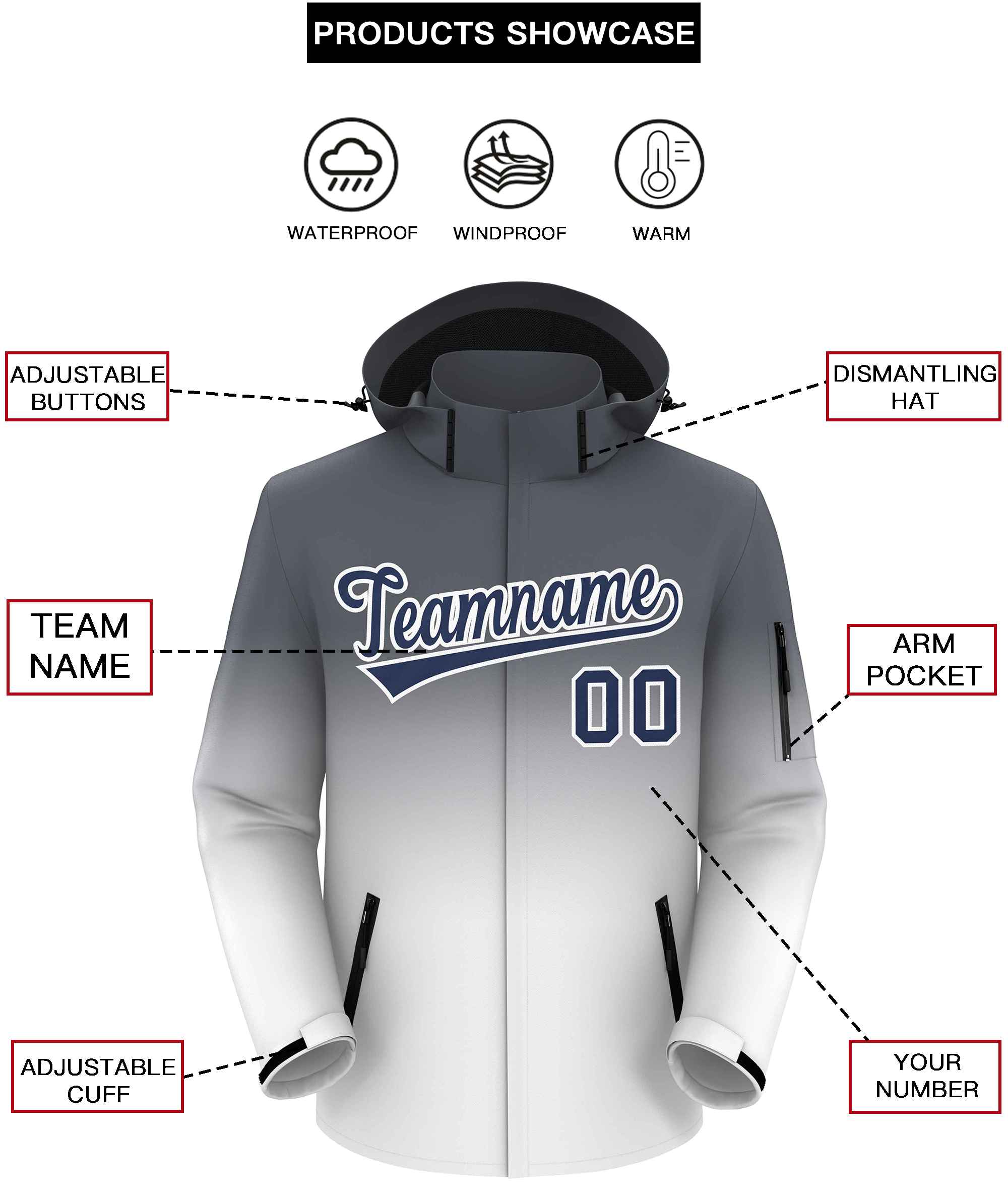 Custom Dark Gray White Gradient Fashion Outdoor Hooded Waterproof Jacket