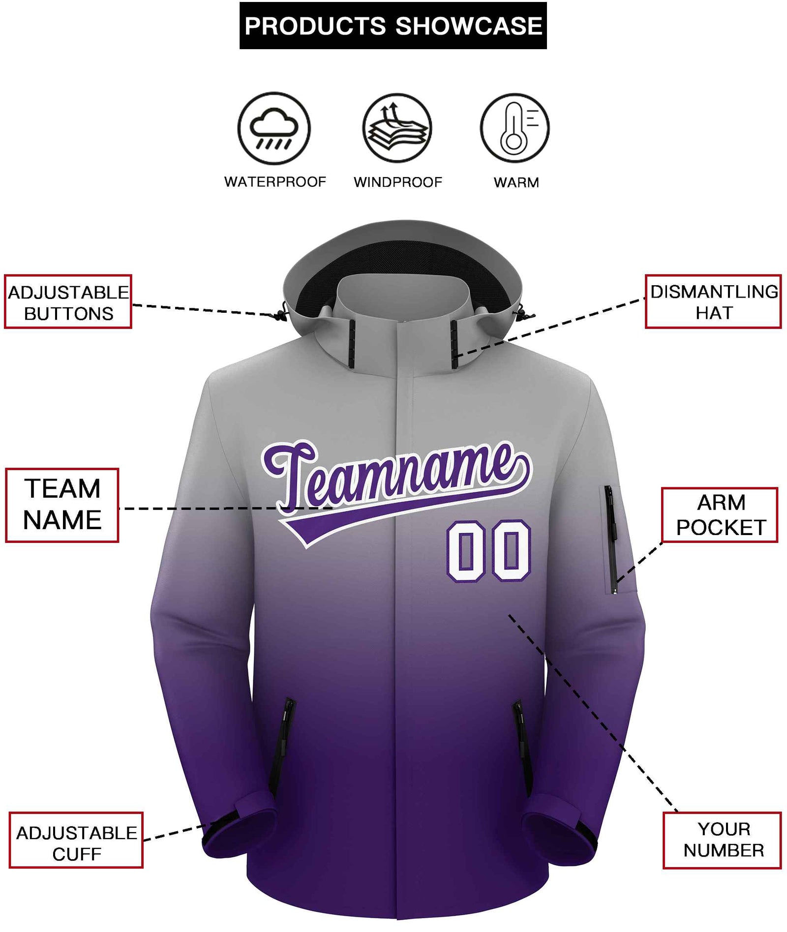 Custom Gray Purple Gradient Fashion Outdoor Hooded Waterproof Jacket