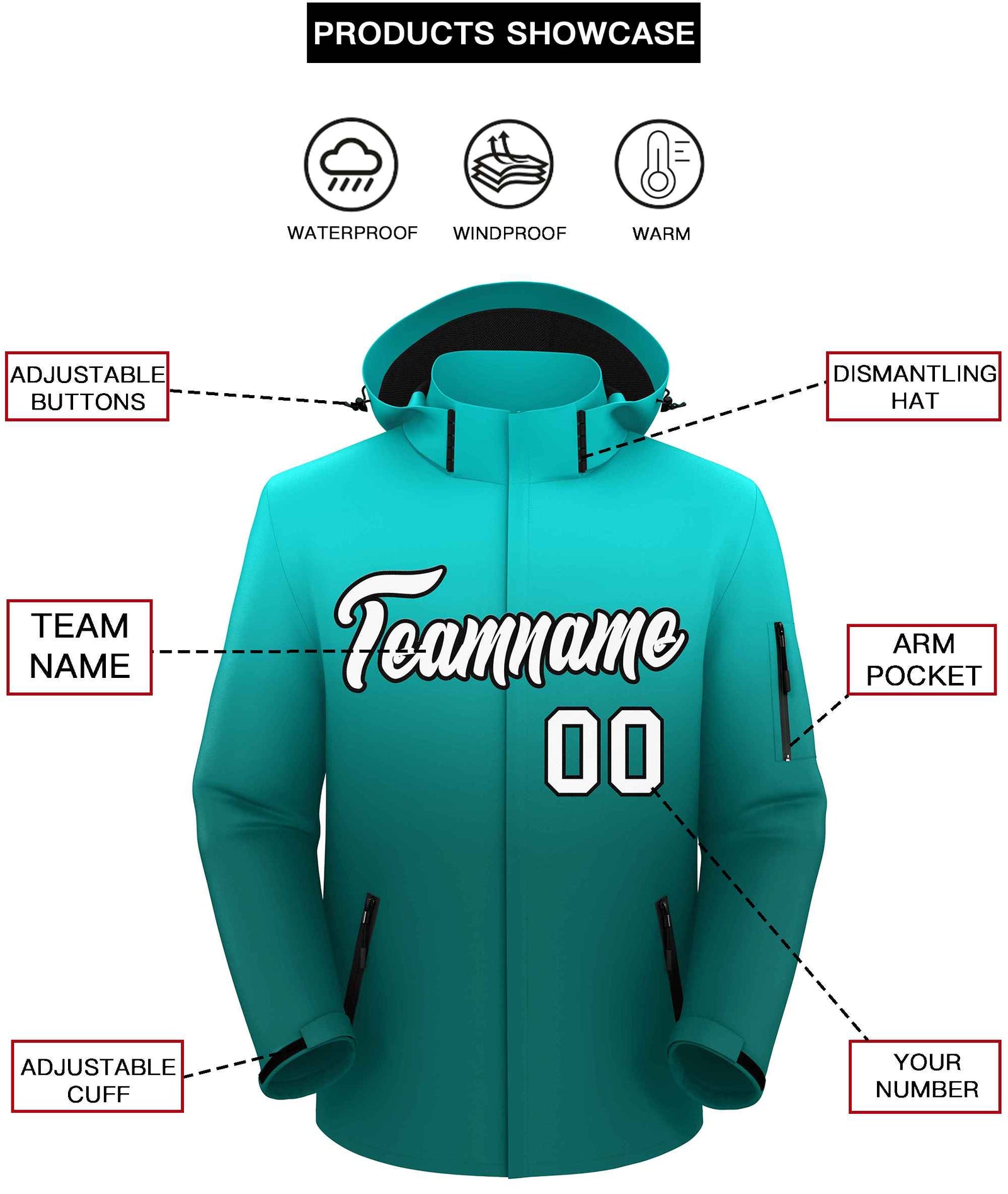 Custom Light Green Aqua Gradient Fashion Outdoor Hooded Waterproof Jacket