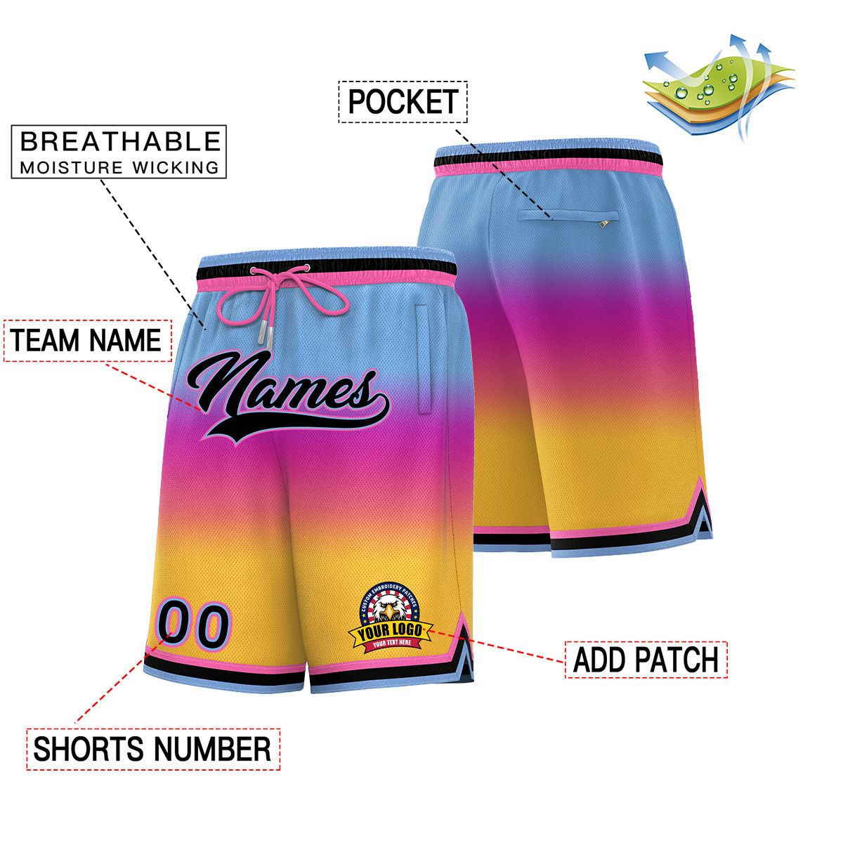 Custom Light Blue Yellow Personalized Gradient Fashion Basketball Shorts