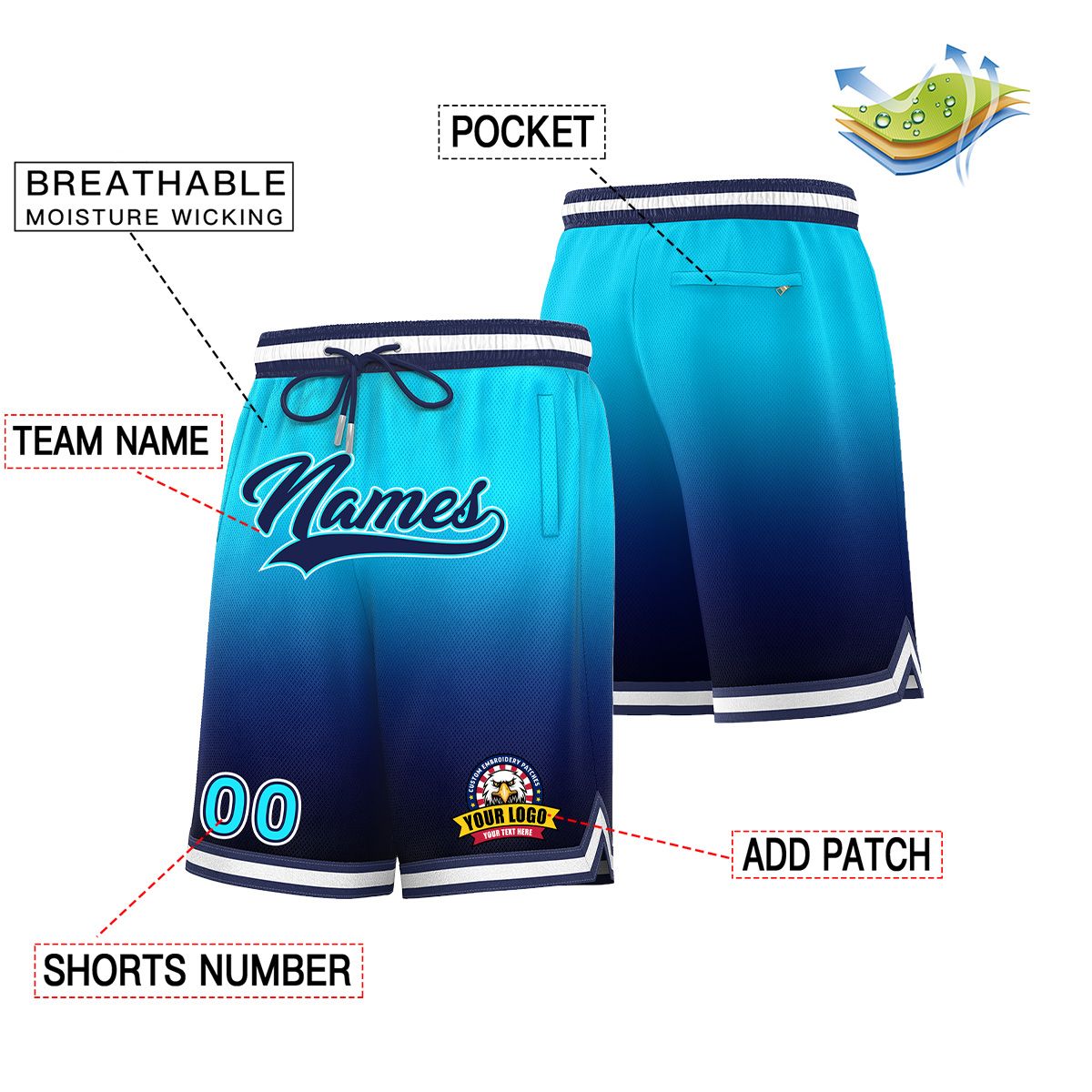 Custom Powder Blue Black Personalized Gradient Fashion Basketball Shorts
