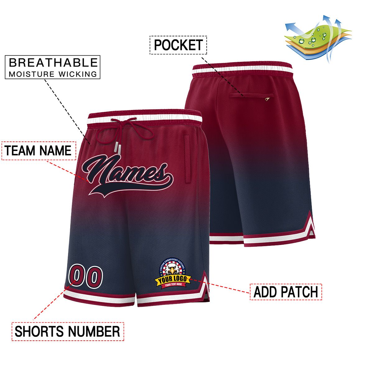 Custom Maroon Navy Personalized Gradient Fashion Basketball Shorts