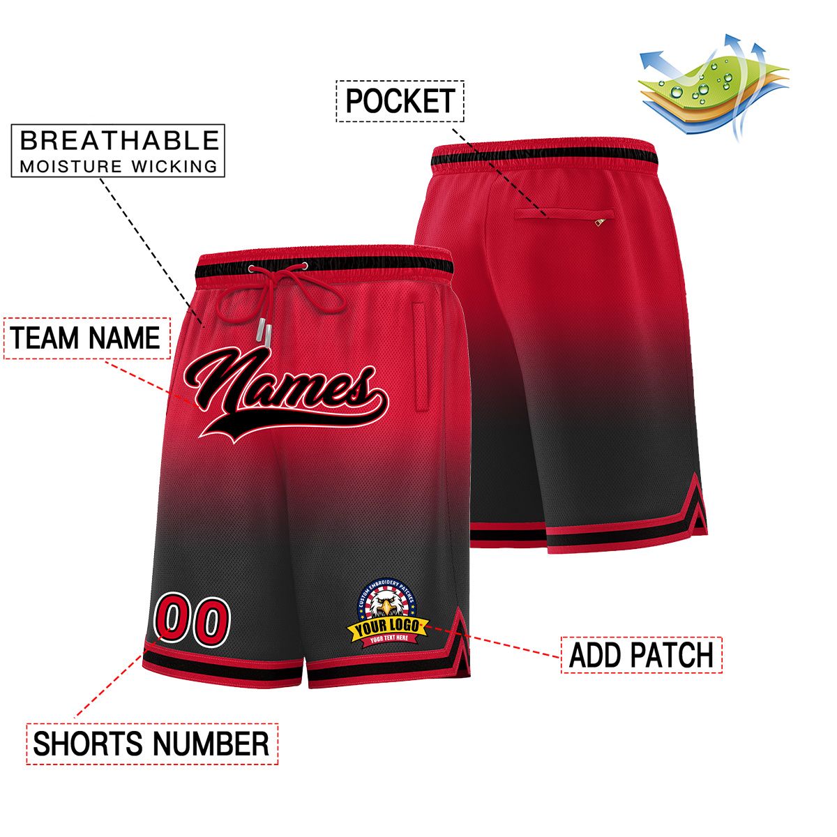 Custom Red Black Personalized Gradient Fashion Basketball Shorts