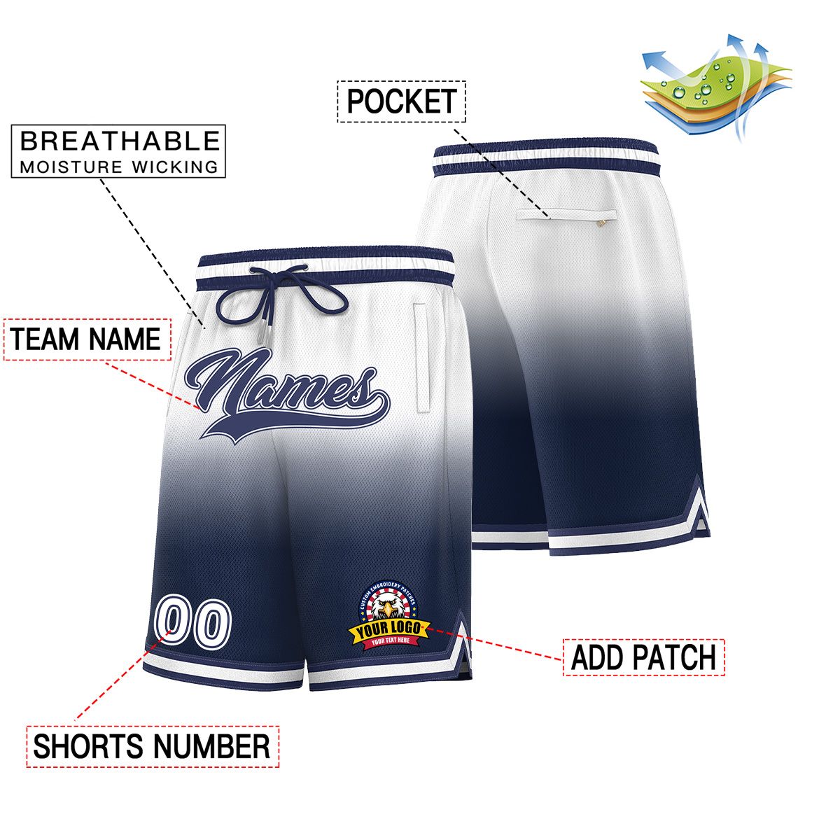 Custom White Navy Personalized Gradient Fashion Basketball Shorts