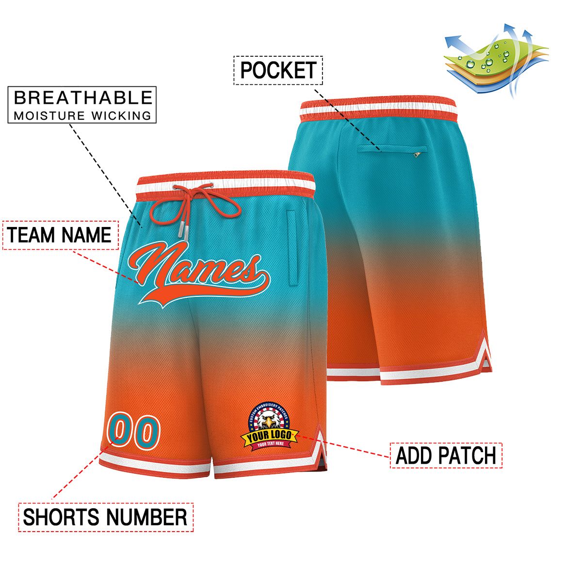 Custom Aqua Orange Personalized Gradient Fashion Basketball Shorts