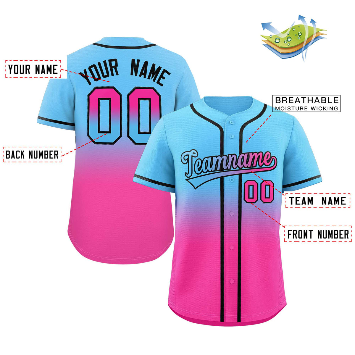 custom blue&pink gradient baseball jersey