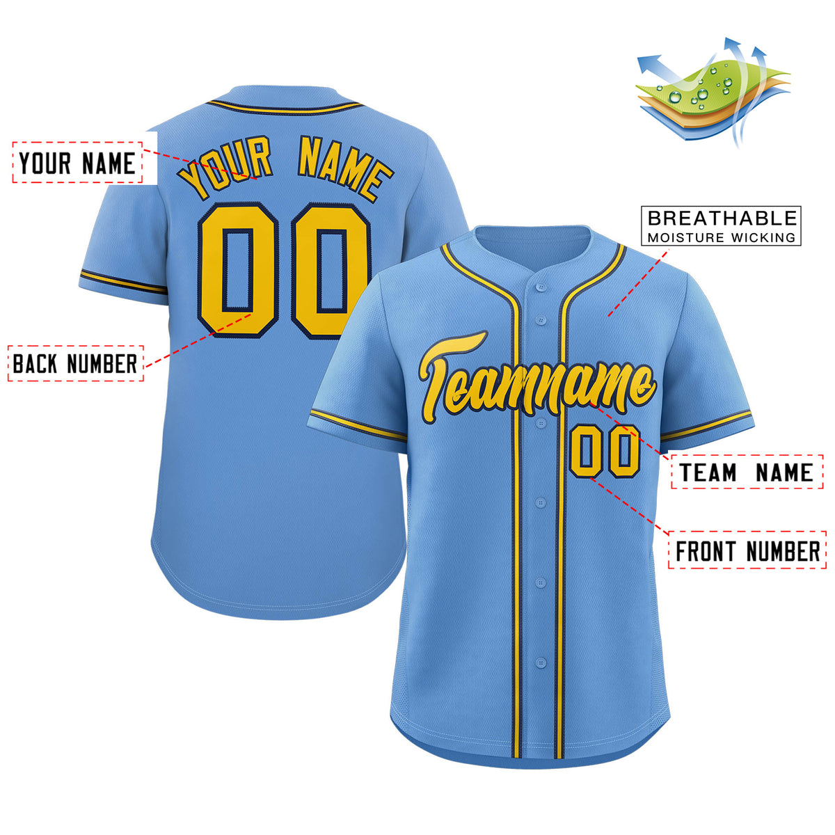 Custom Light Blue Gold-Navy Classic Style Authentic Baseball Jersey