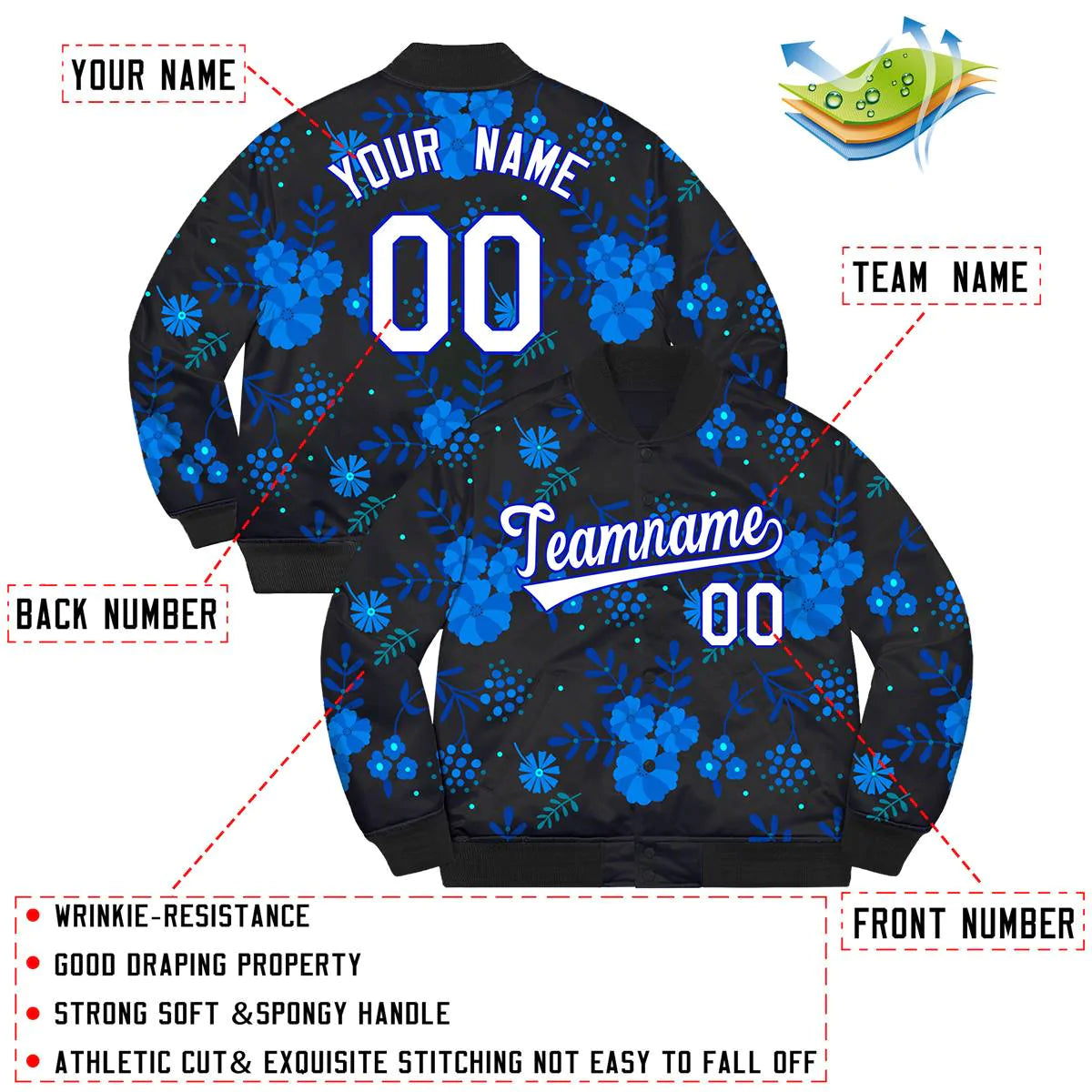 Custom Black White-Royal Flowers Graffiti Pattern Bomber Varsity Jacket
