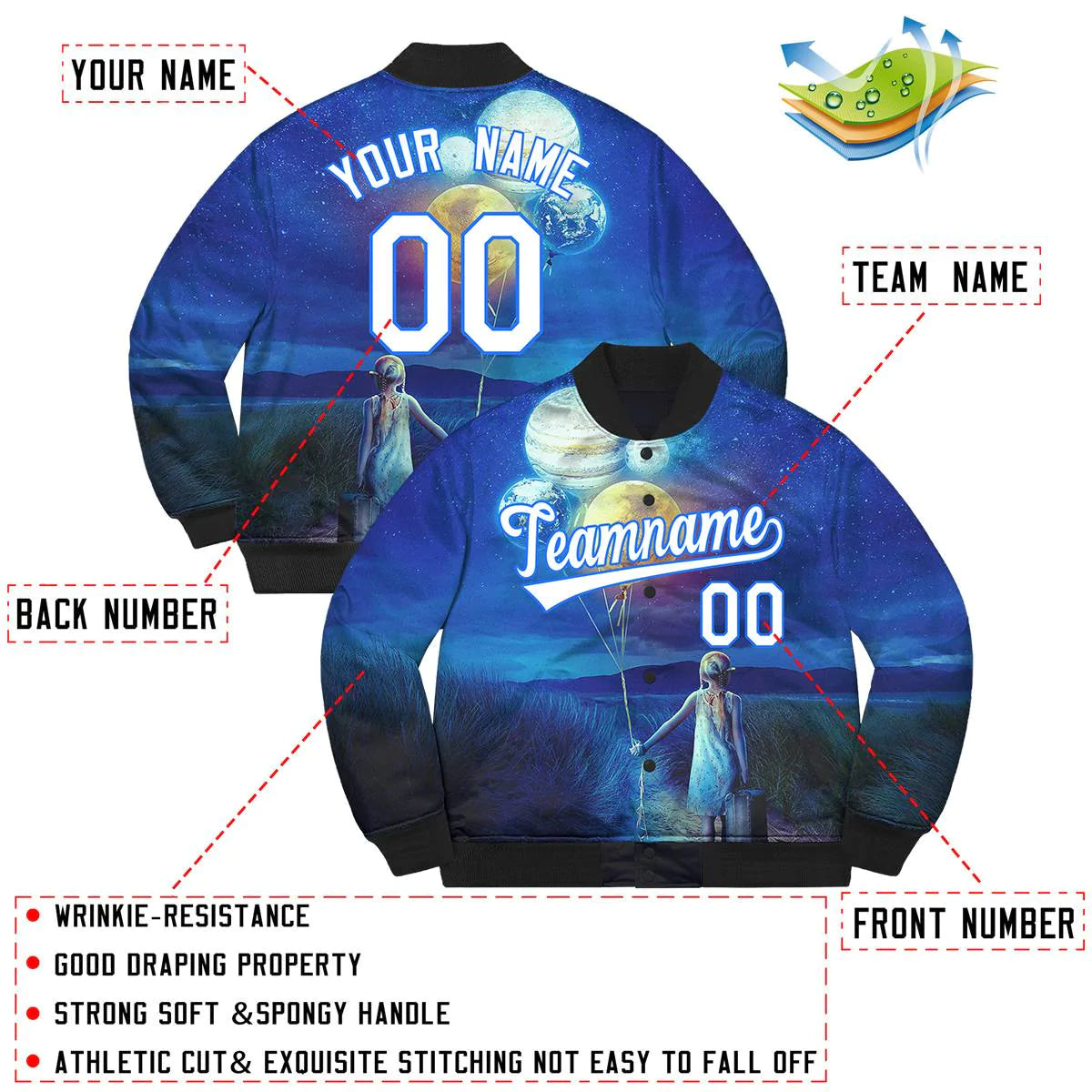 Custom White Powder Blue Starry Sky Graffiti Pattern Bomber Varsity Jacket