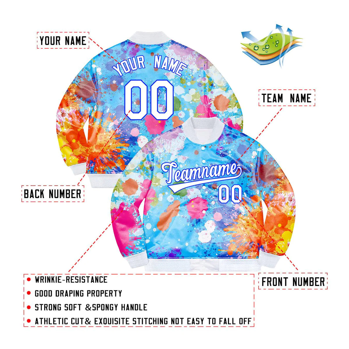 Custom Light Blue White-Royal Splashes Graffiti Pattern Bomber Baseball Jacket