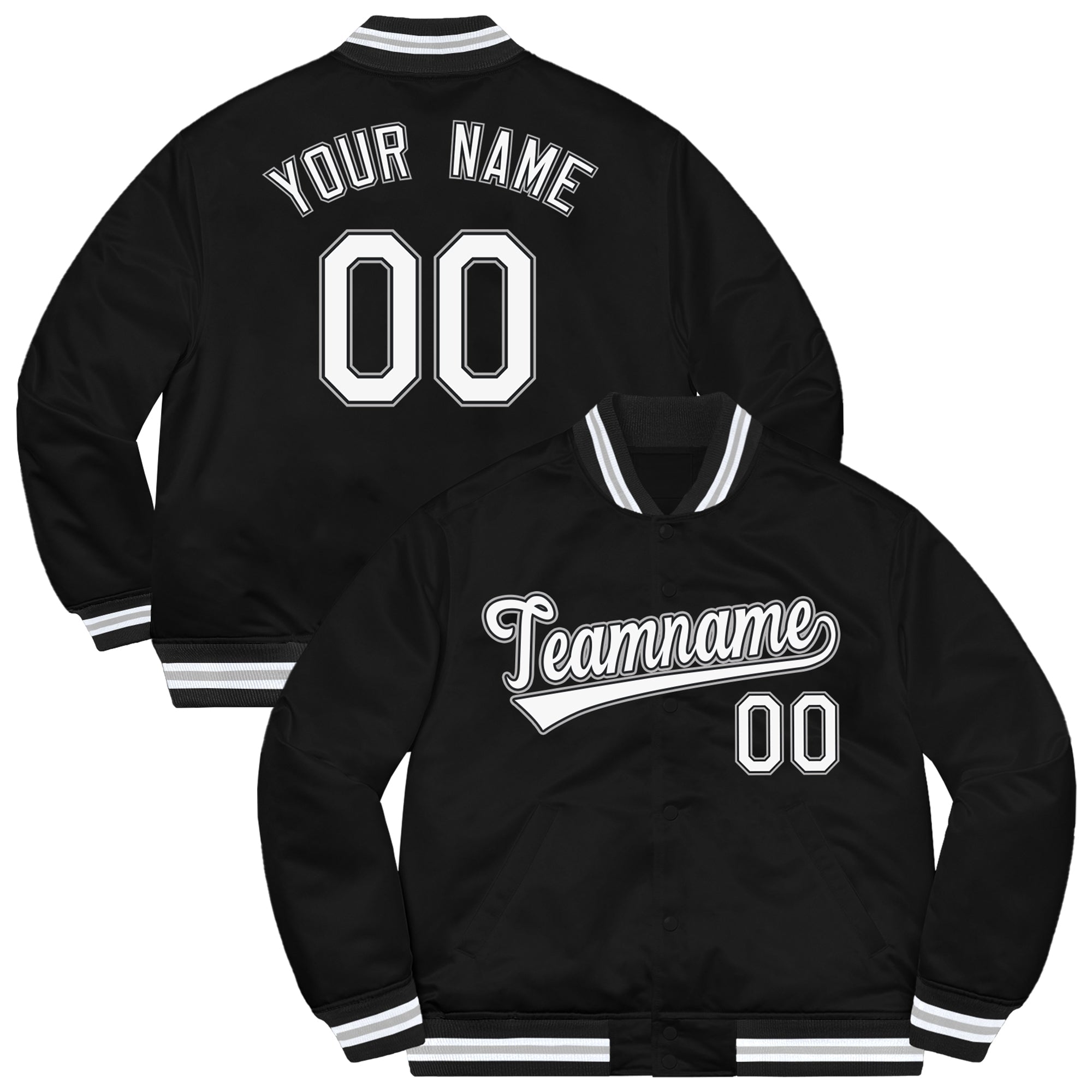 Front and back view of a custom black varsity jacket with 'Teamname', 'YOUR NAME' and number '00' placeholders, featuring white striped trim