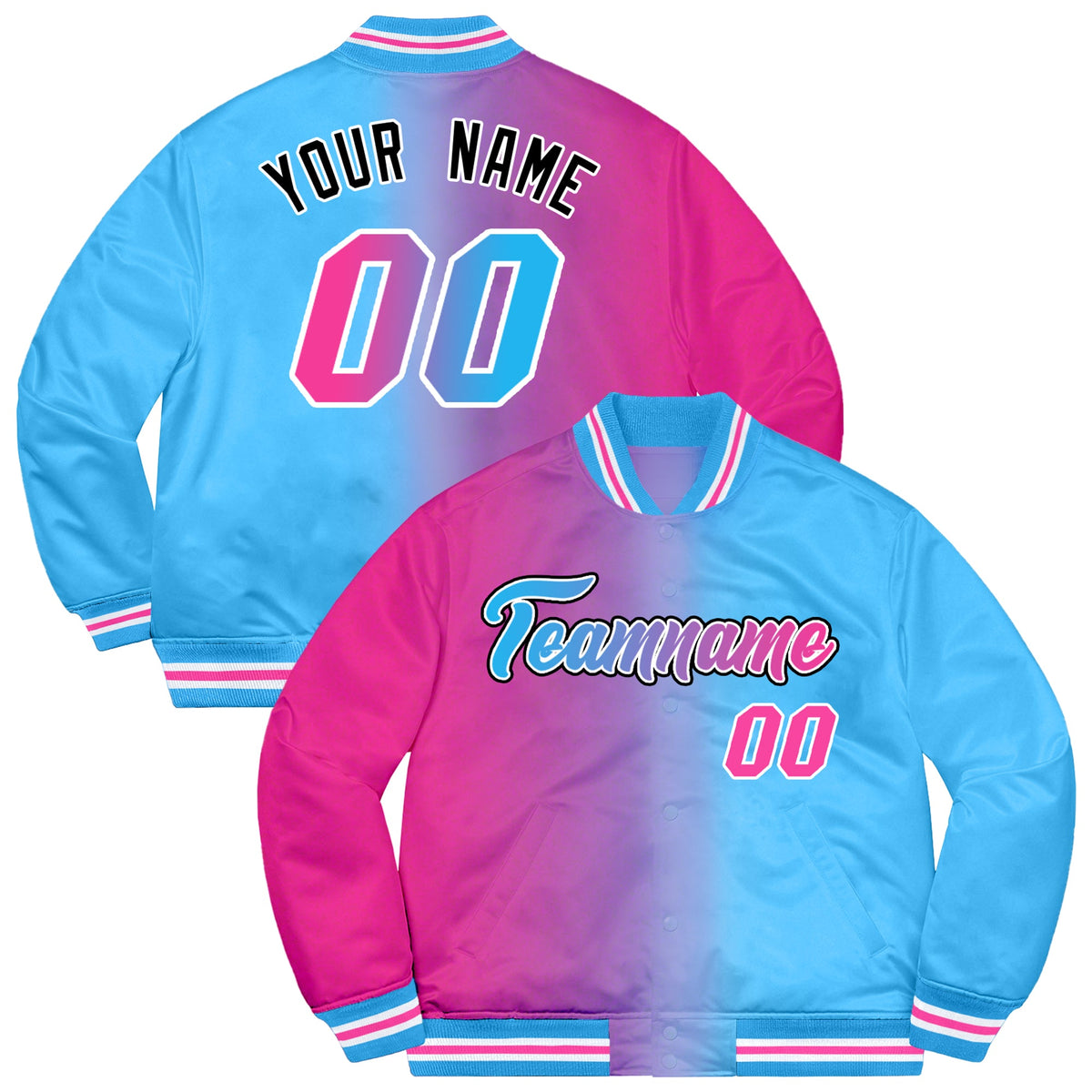 Custom Powder Blue Pink-Black Two Tone Gradient Fashion Bomber Jacket for Team