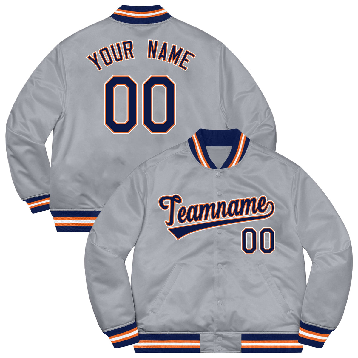 Custom Gray Navy-White Letterman Solider Classic Style Varsity Full-Snap Jacket