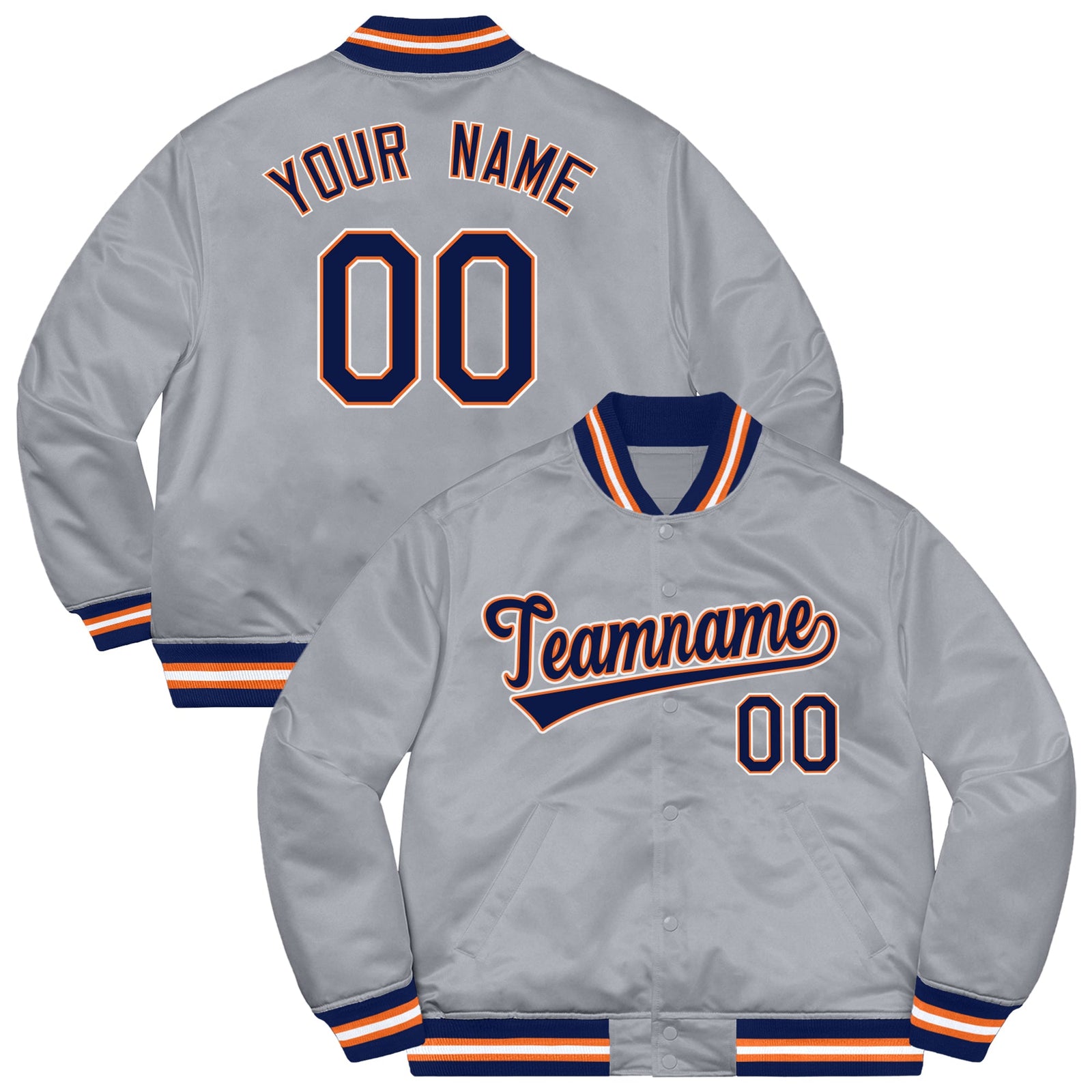 Custom Gray Navy-White Letterman Solider Classic Style Varsity Full-Snap Jacket