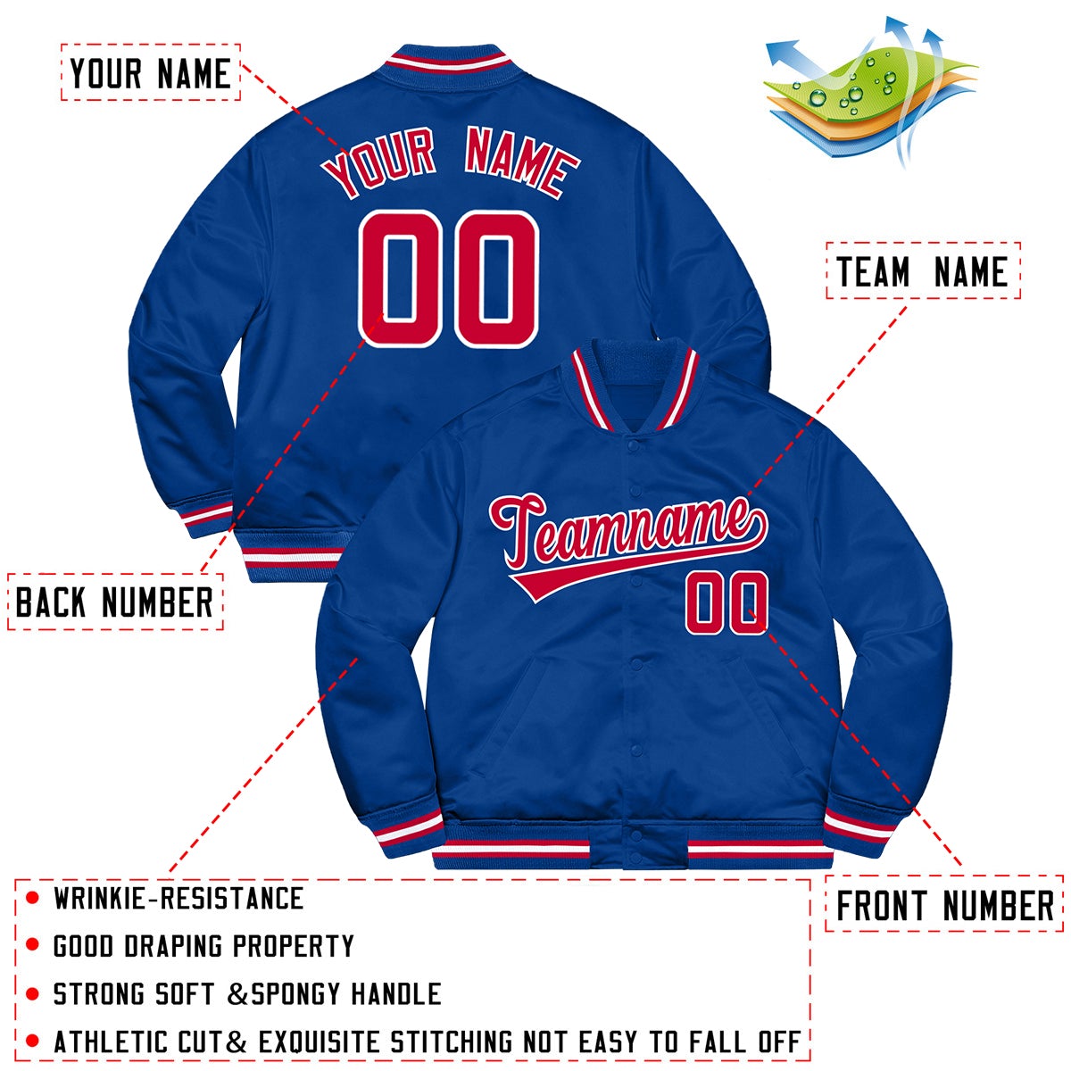 Custom Royal Red-White Letterman Solider Classic Style Varsity Full-Snap Jacket