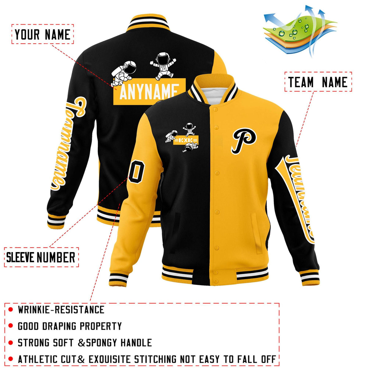 Custom Black Gold Two Tone Split Fashion Varsity Letterman Jacket with Raglan Sleeves