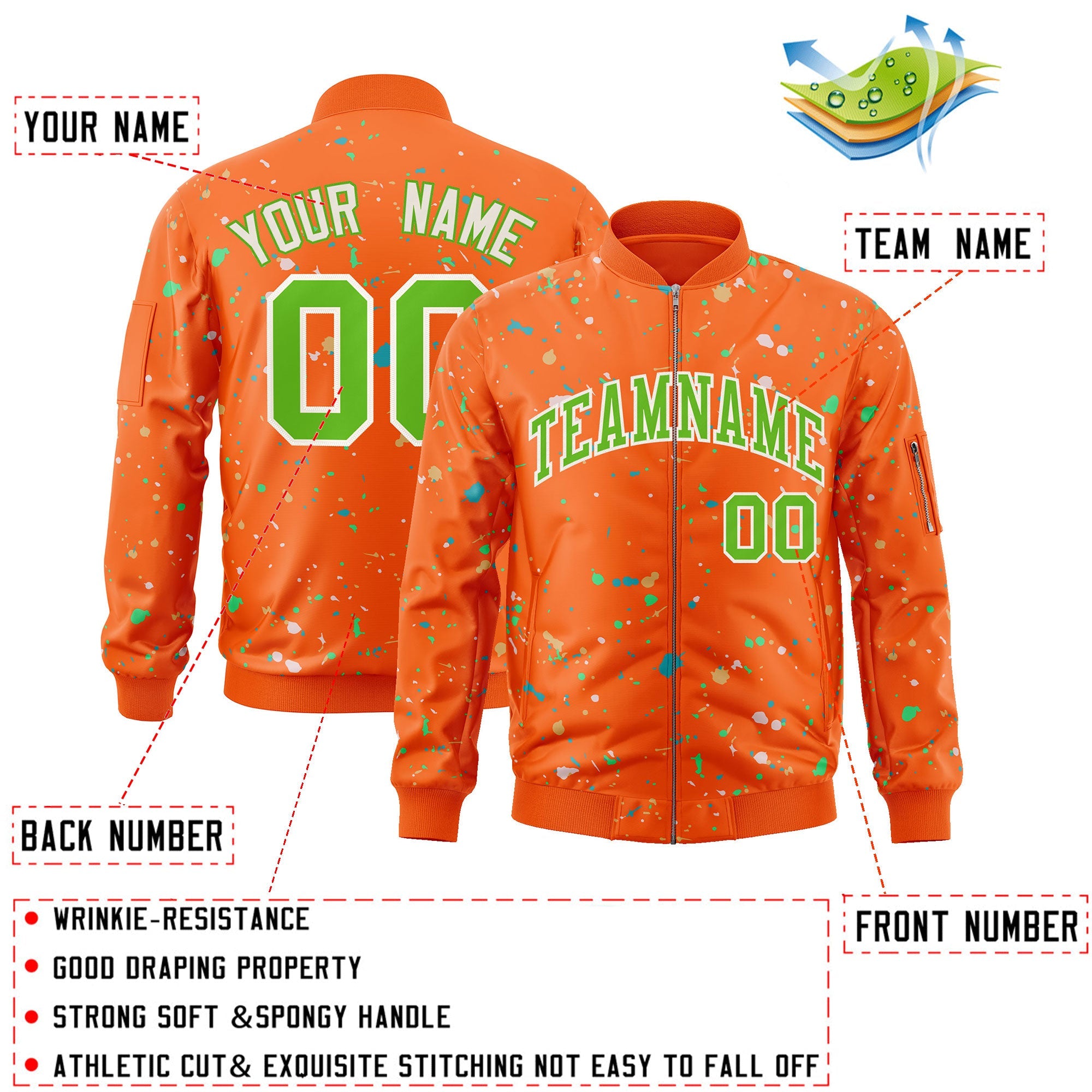 Custom Orange Neon Green-White Varsity Full-Zip Splash Graffiti Pattern Letterman Jacket