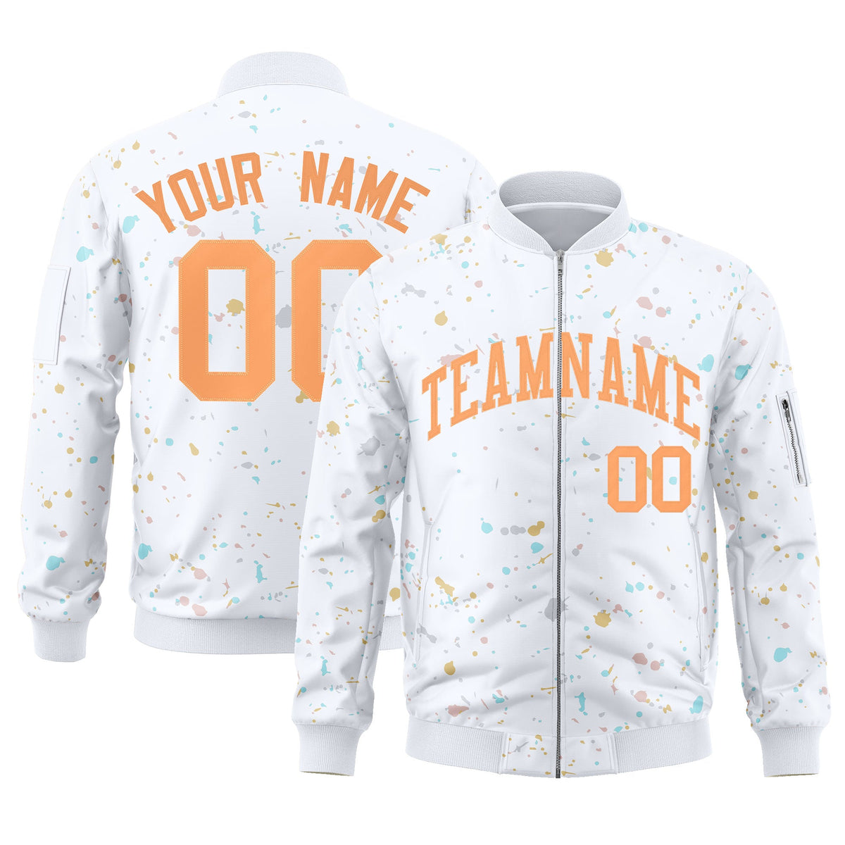 Custom White Orange Varsity Full-Zip Splash Graffiti Pattern Letterman Jacket