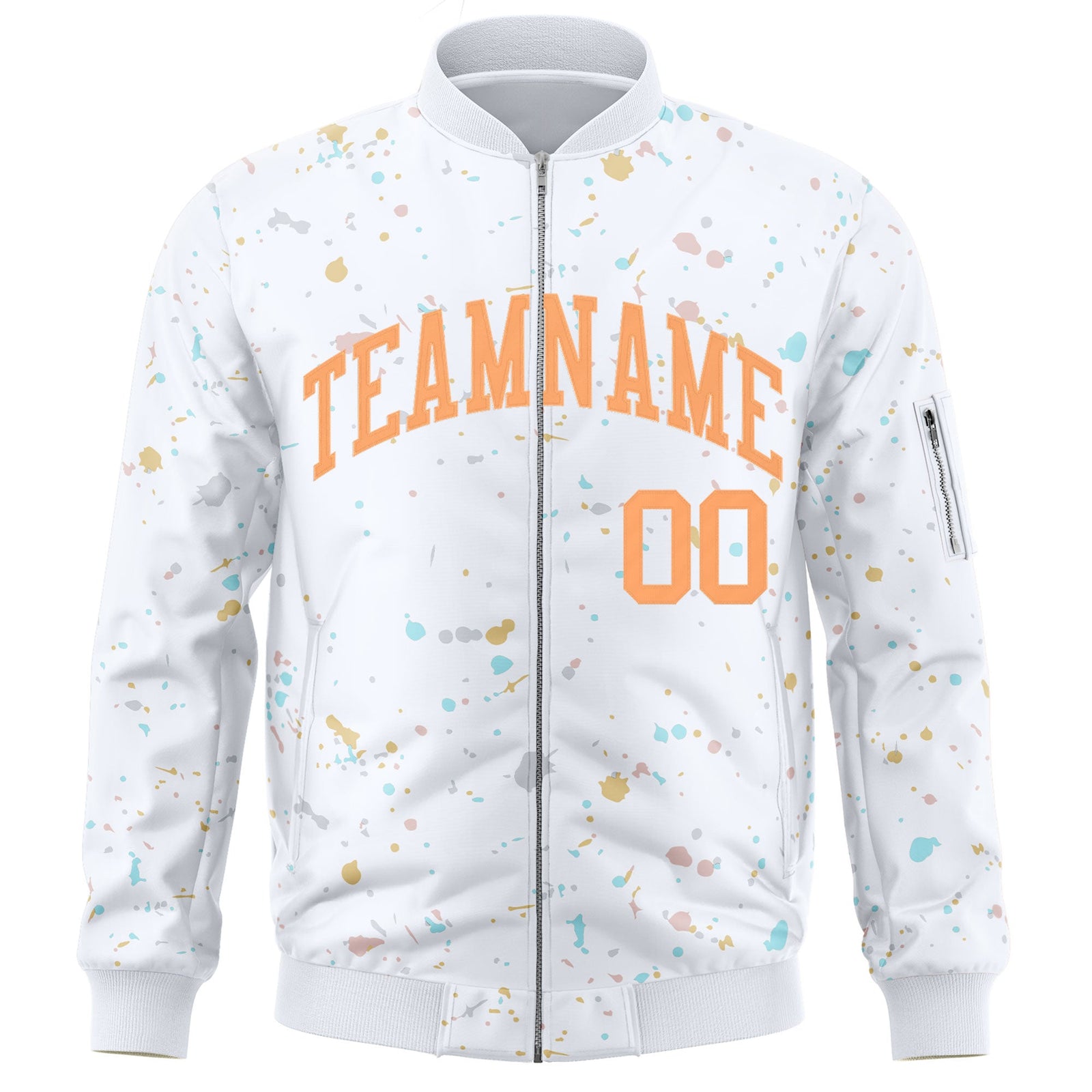 Custom White Orange Varsity Full-Zip Splash Graffiti Pattern Letterman Jacket