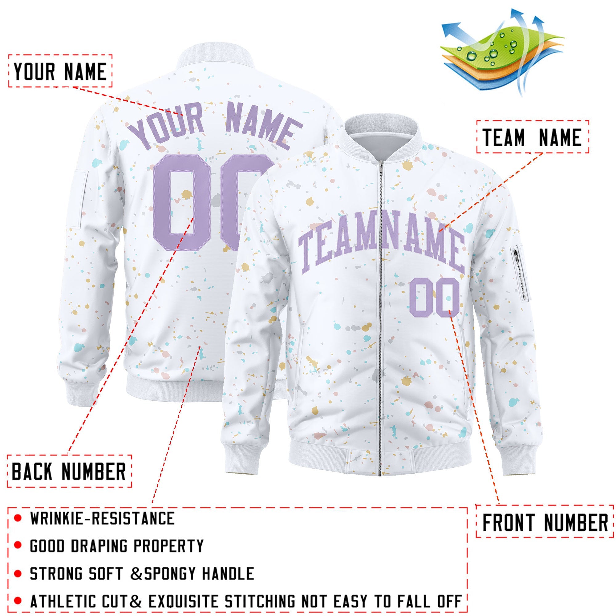 Custom White Purple Varsity Full-Zip Splash Graffiti Pattern Letterman Jacket