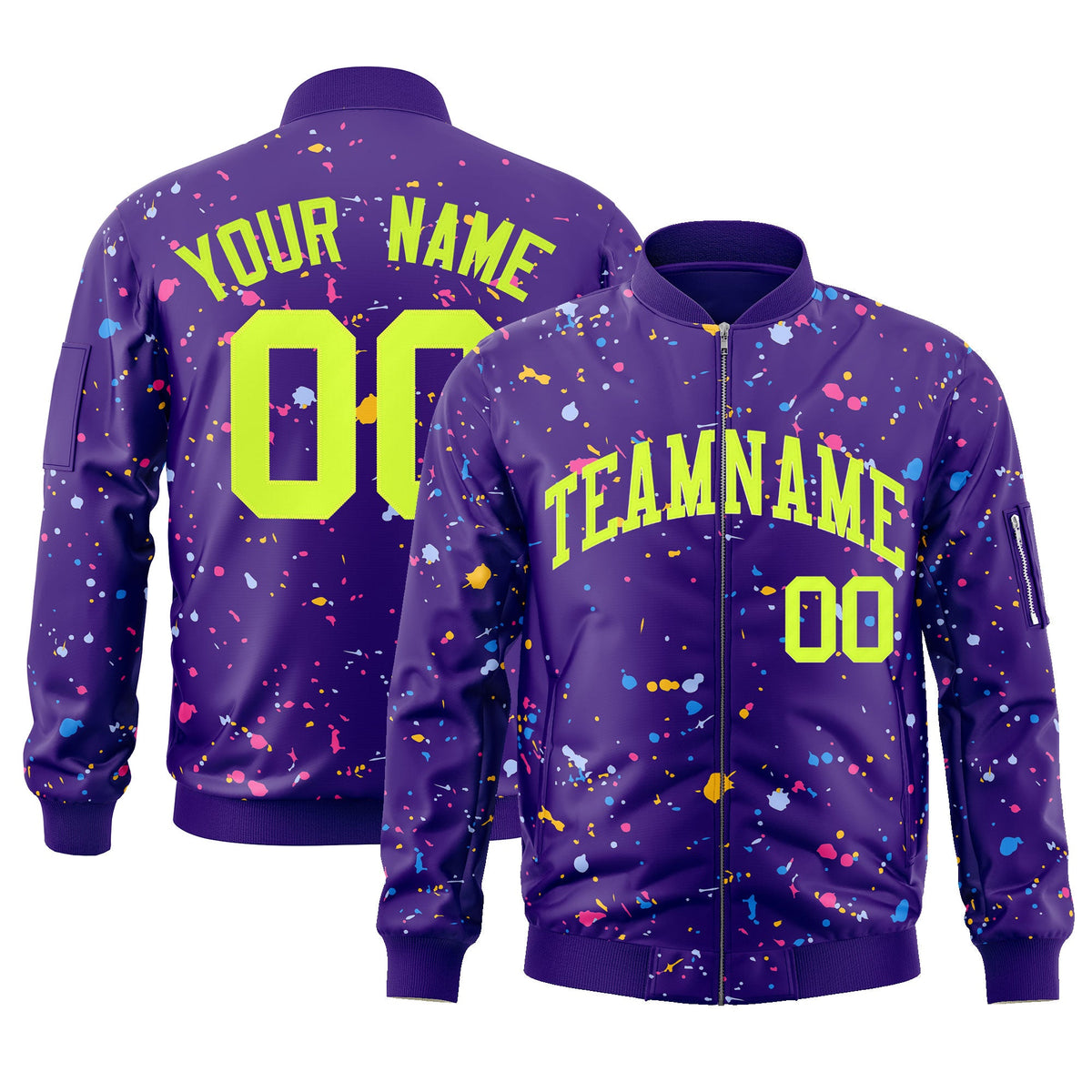 Custom Purple Neon Green Varsity Full-Zip Splash Graffiti Pattern Letterman Jacket