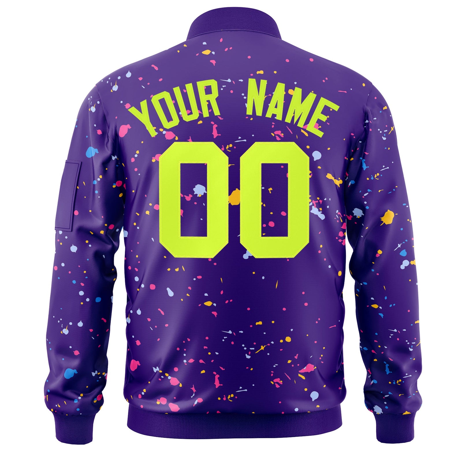 Custom Purple Neon Green Varsity Full-Zip Splash Graffiti Pattern Letterman Jacket
