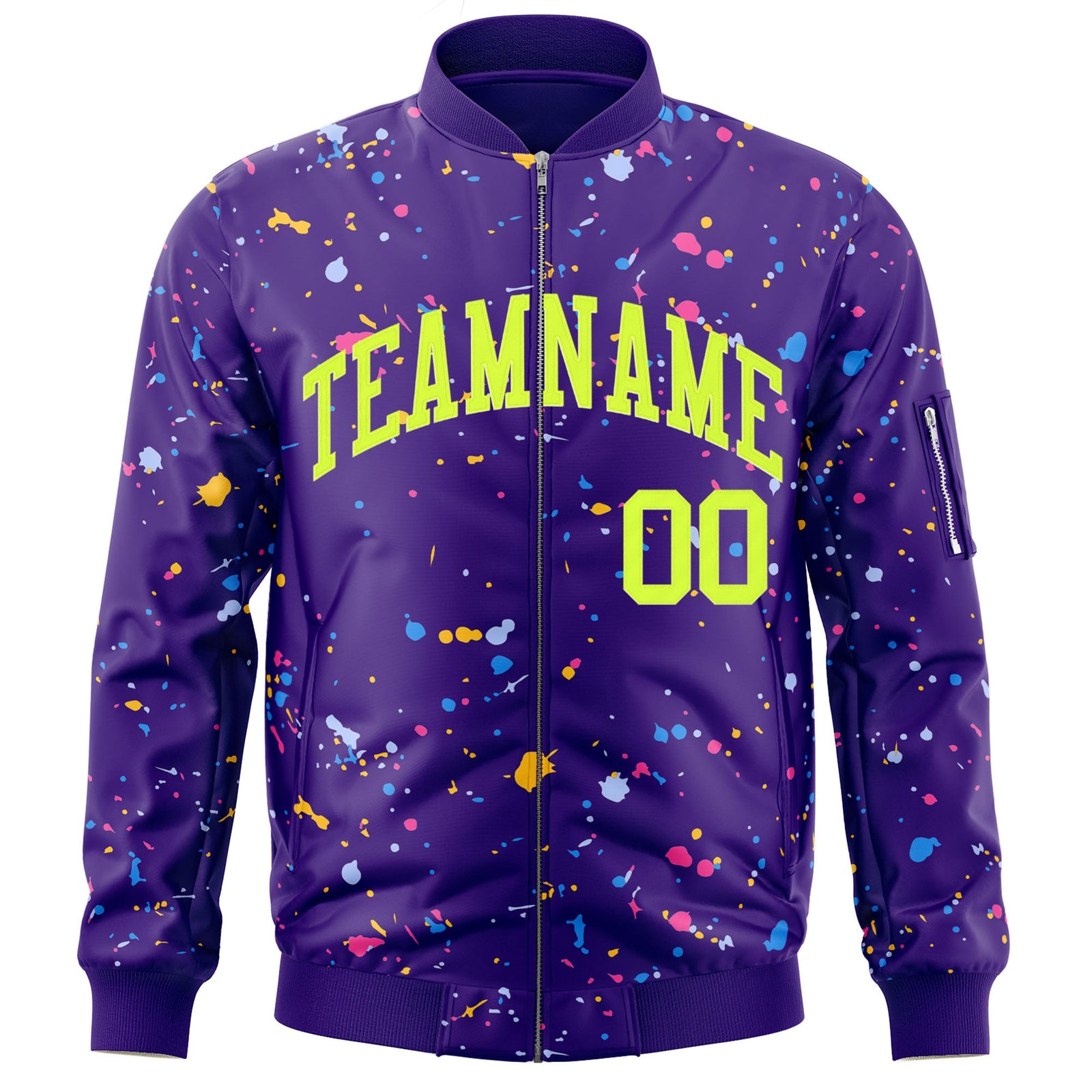 Custom Purple Neon Green Varsity Full-Zip Splash Graffiti Pattern Letterman Jacket